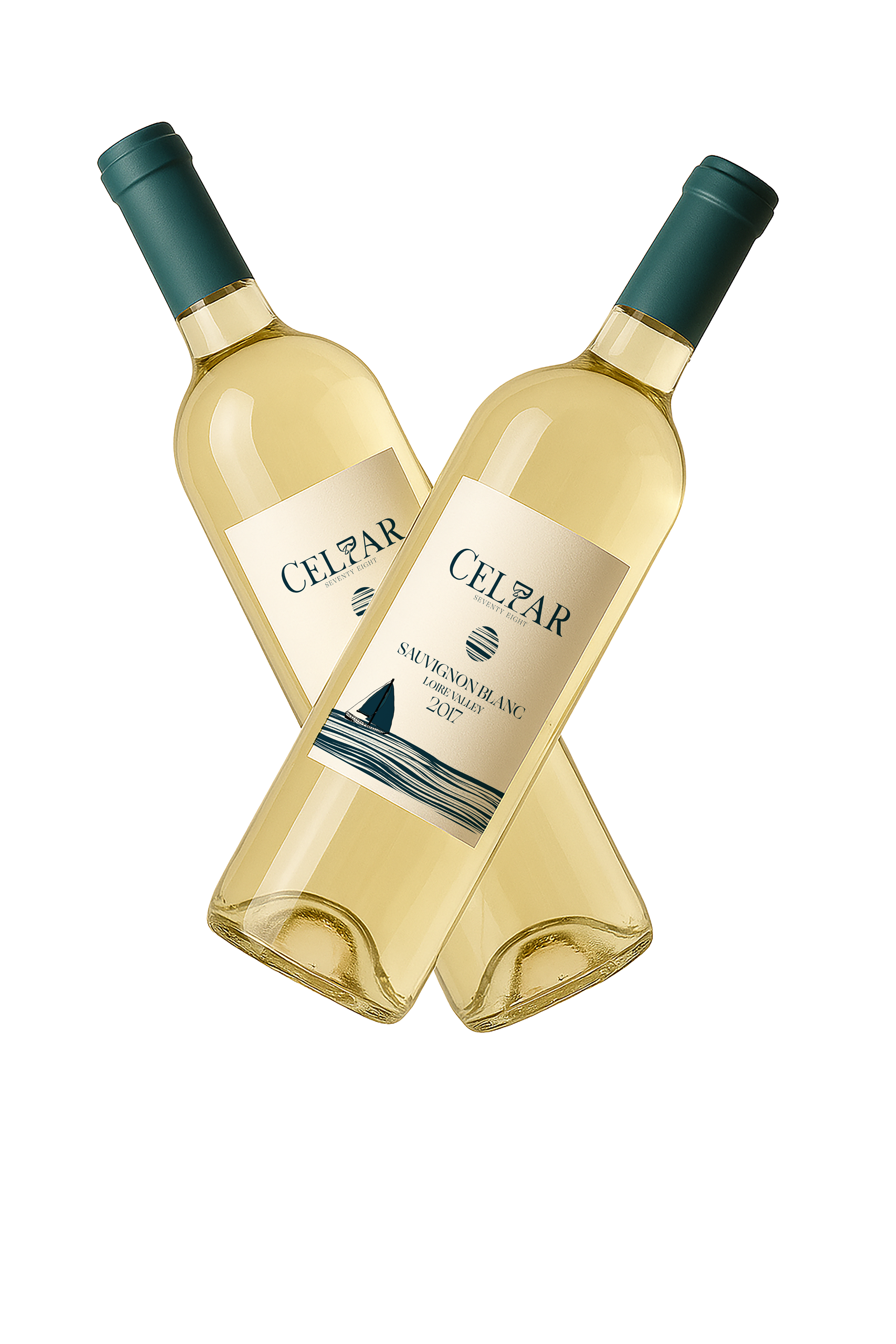 Two bottles of Celzar Sauvignon Blanc wine with a wine label showing a sailboat and the year 2017, placed on a black background.
