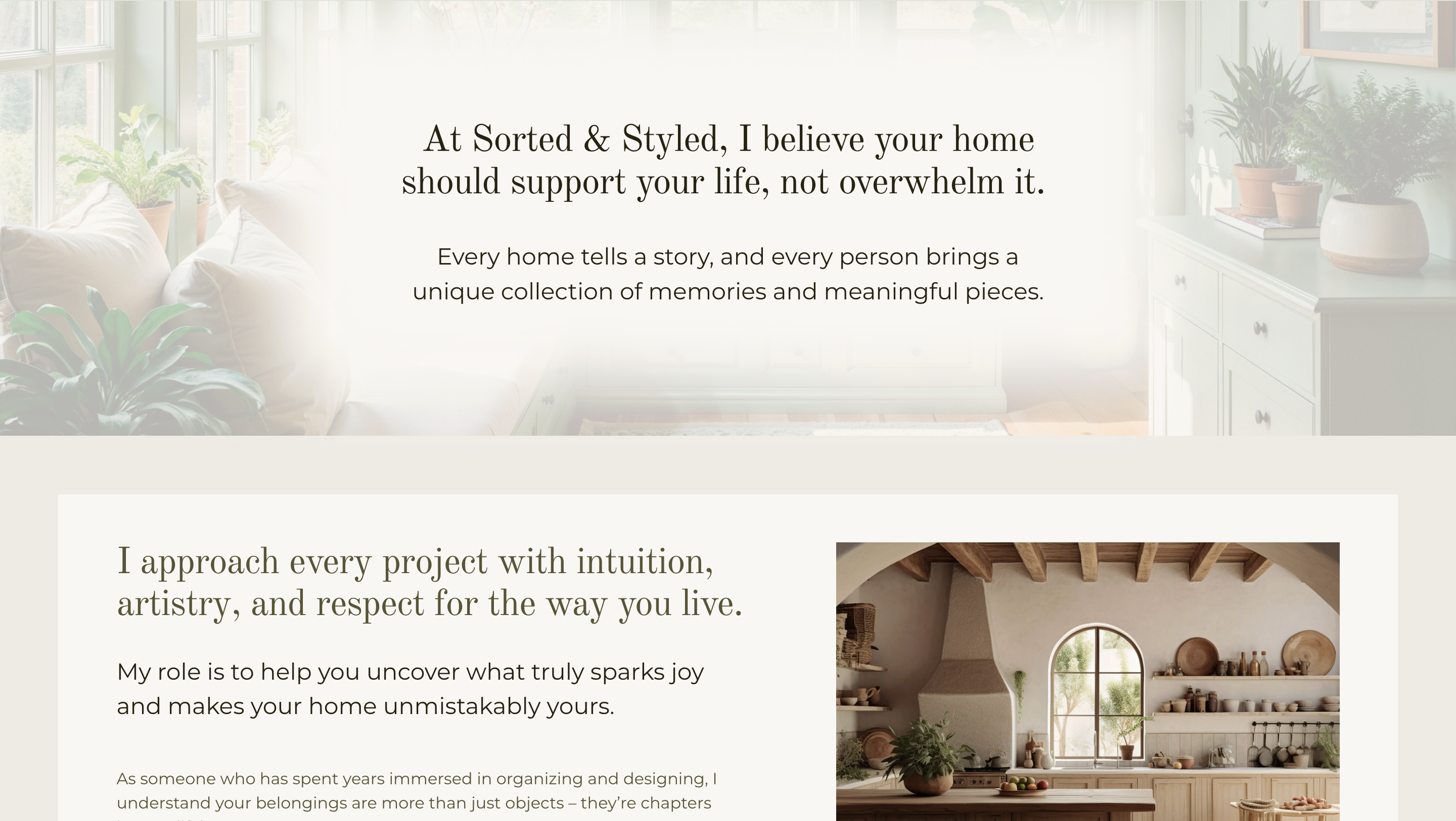 A cozy and bright living room with large windows, comfortable white sofa with pillows, and potted plants in a sunlit space.