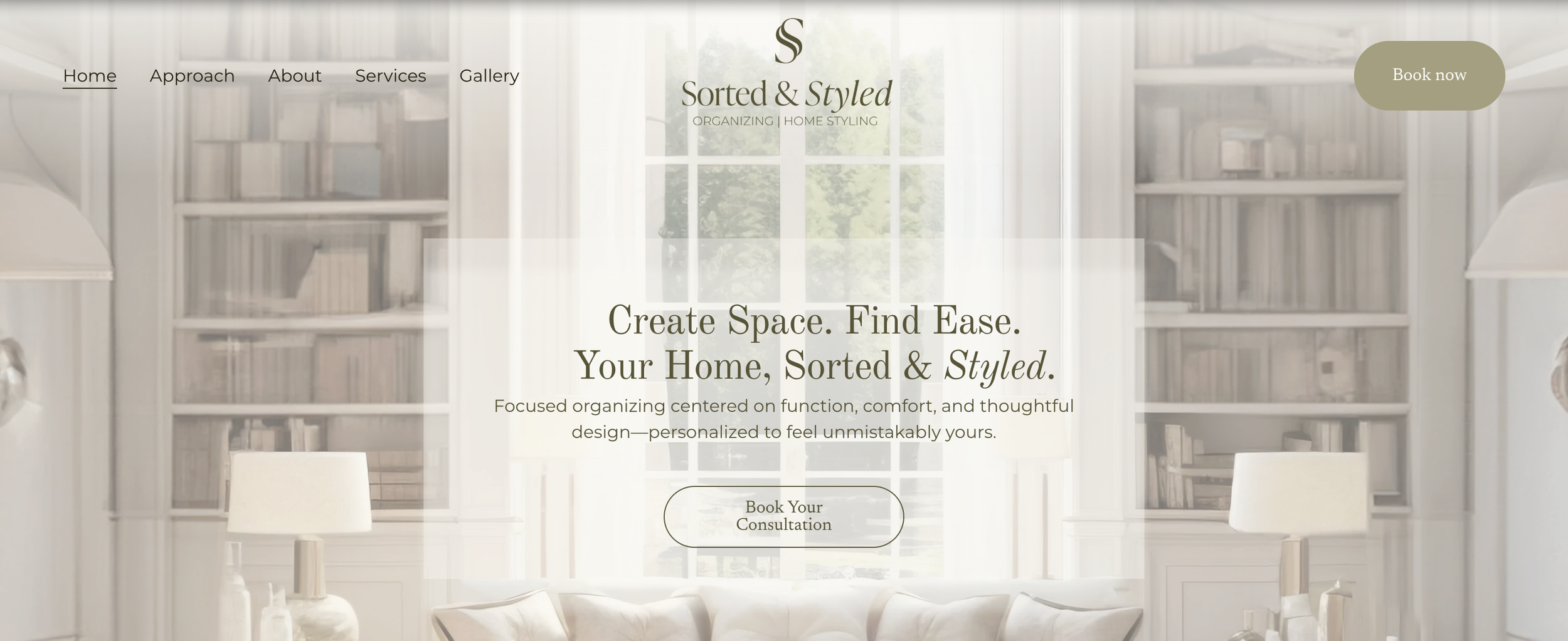 Home page of Sorted & Styled organizing website with a background of white bookshelves filled with books, a window, and a sofa. Contains text about home organizing and a button labeled 'Book Your Consultation'.