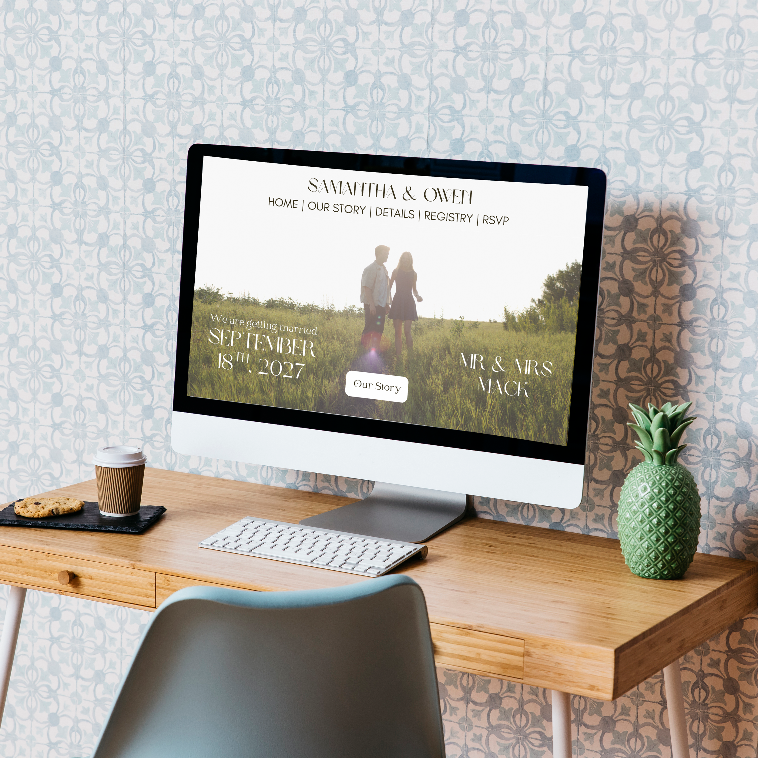 Computer screen displaying a wedding website for Samantha and Owen with a photo of a couple holding hands in a field, and details about the wedding date and RSVP.