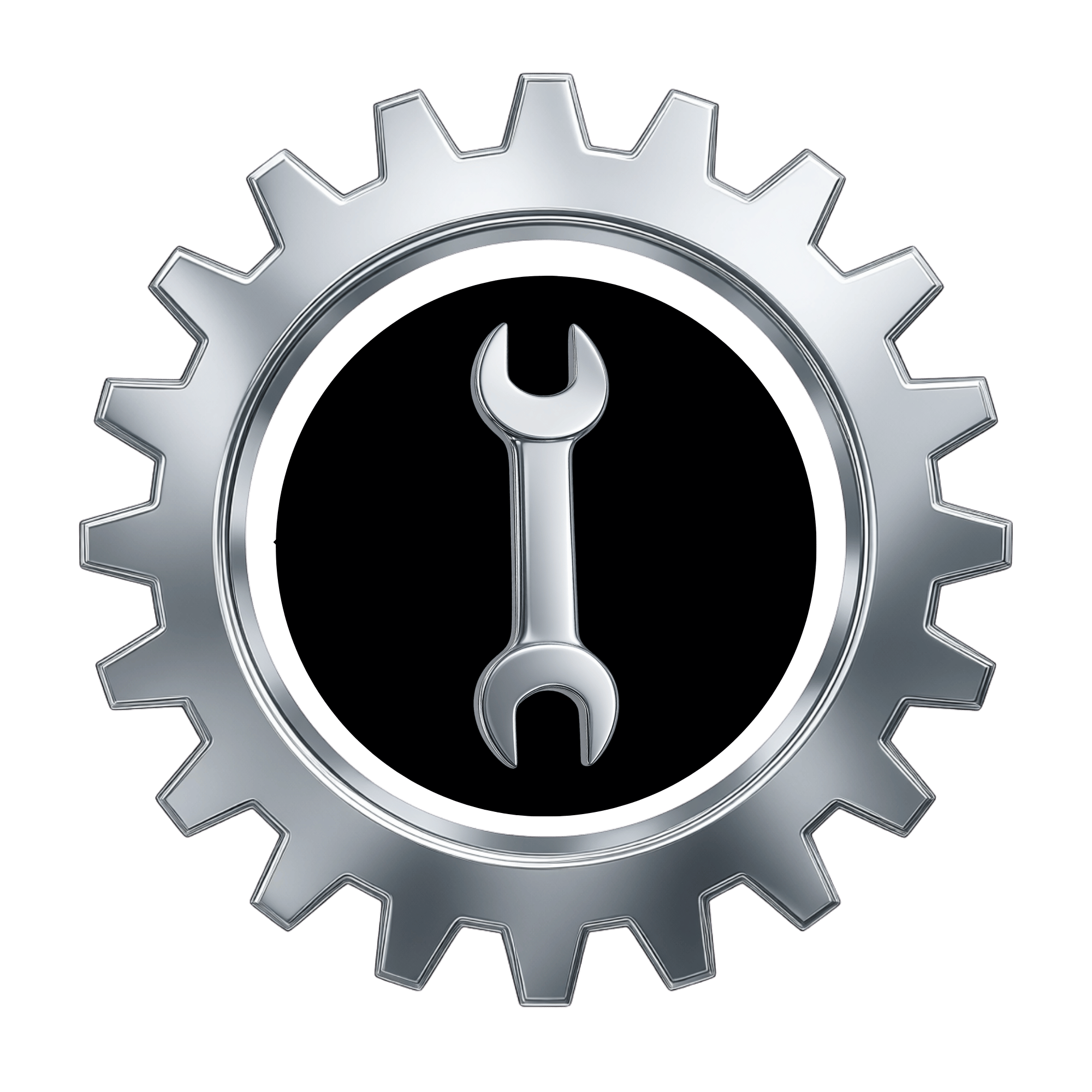 Silver gear with a circular cutout in the center and a wrench inside the circle