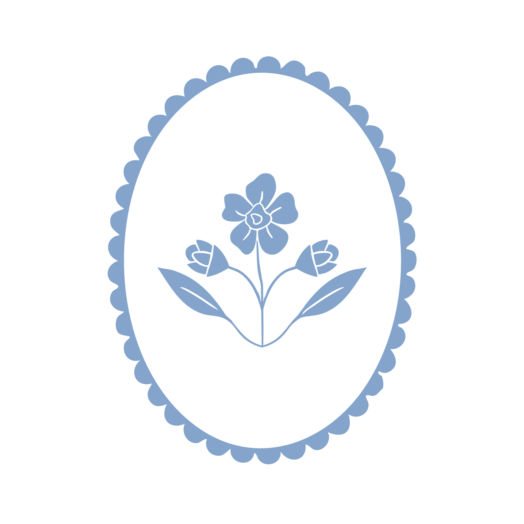 Something Borrowed's secondary logo. The classic drawing of a forget-me-not flower inside a scalloped pendent shape in medium blue