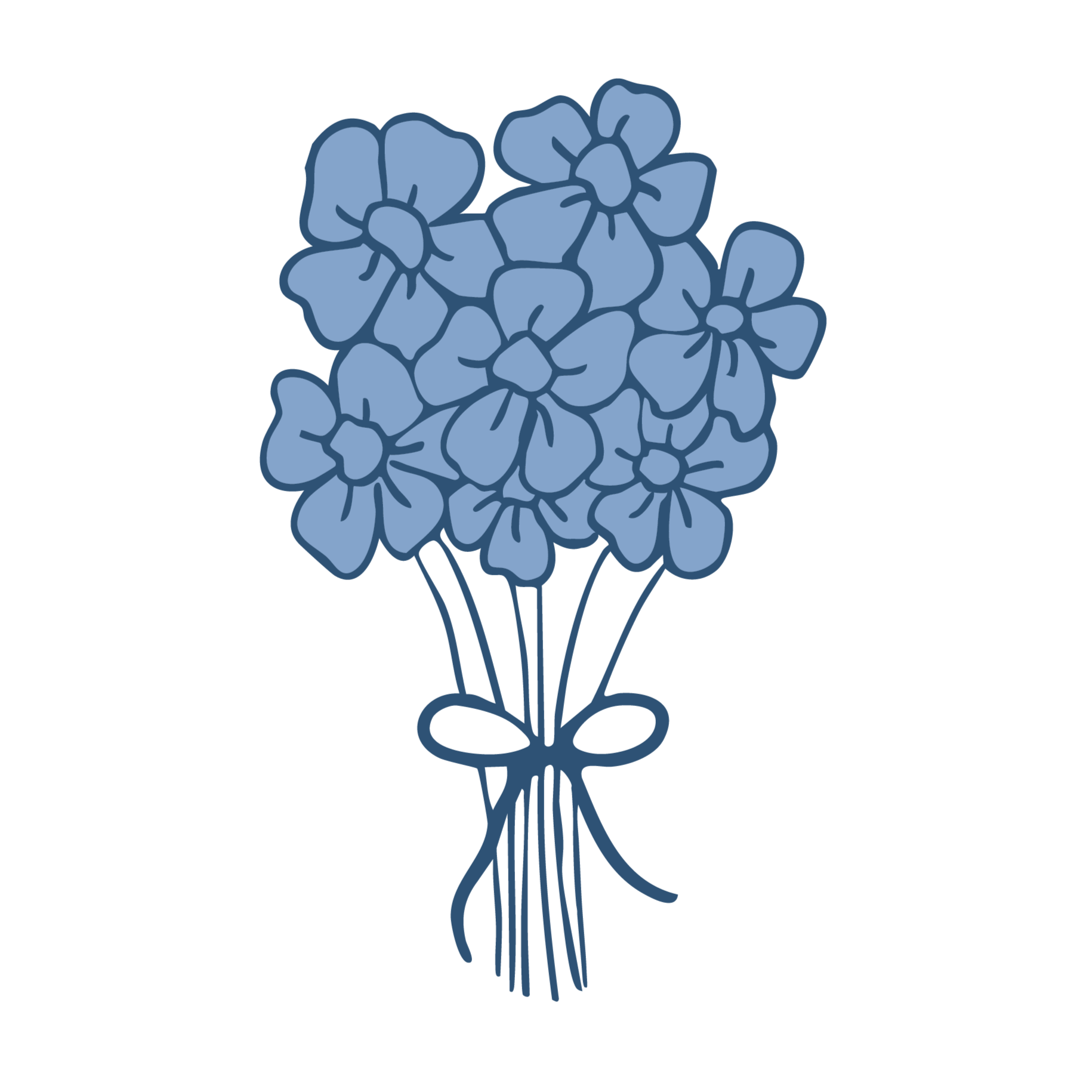 Line drawing of a bouquet of blue flowers tied with a bow.
