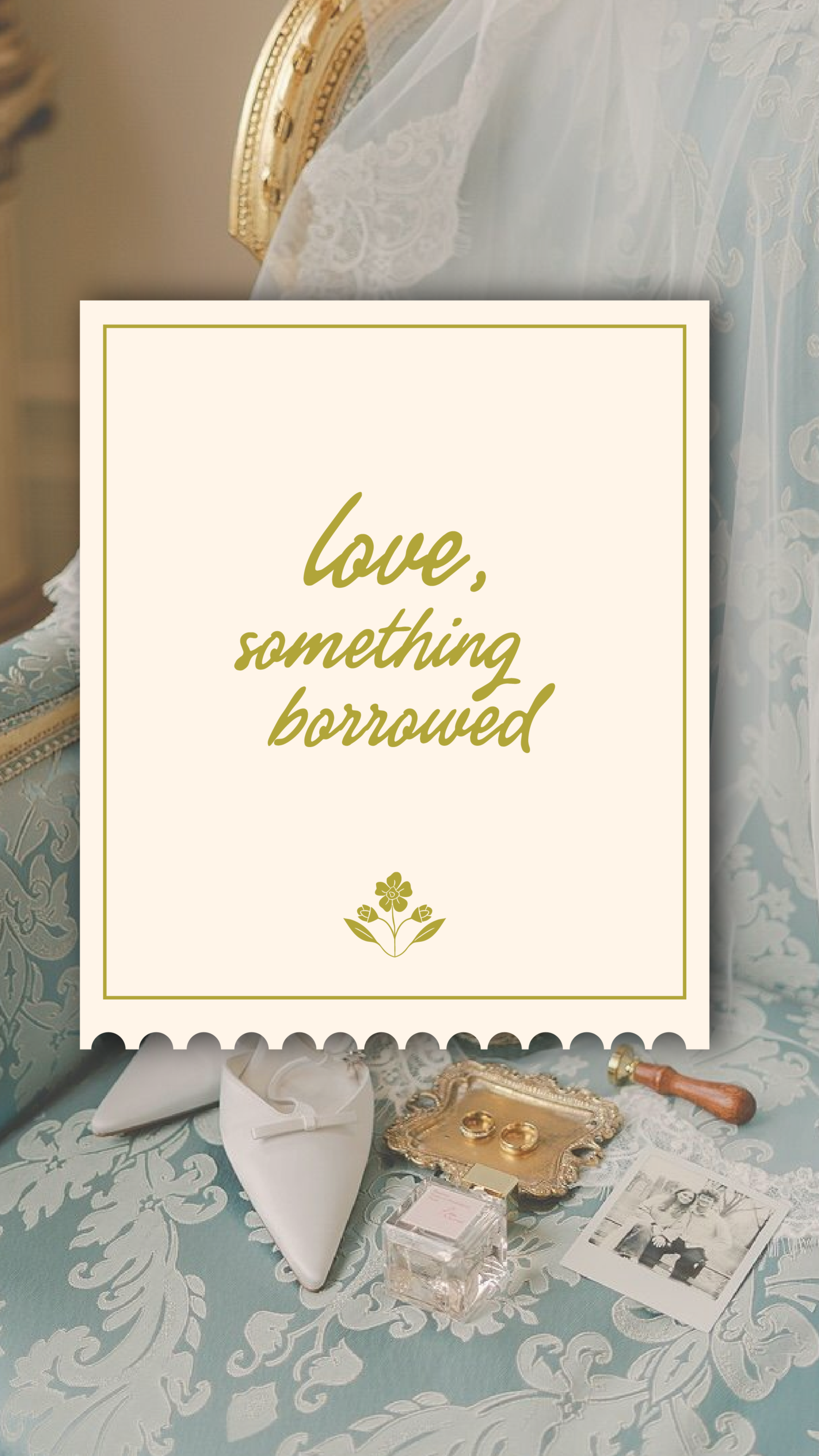 Branded image with a blue antique couch in the background with bridal shoes and accessories on the seat. Overlayed on the couch image is a post-it note with the text "Love, Something Borrowed" and the brand logo.