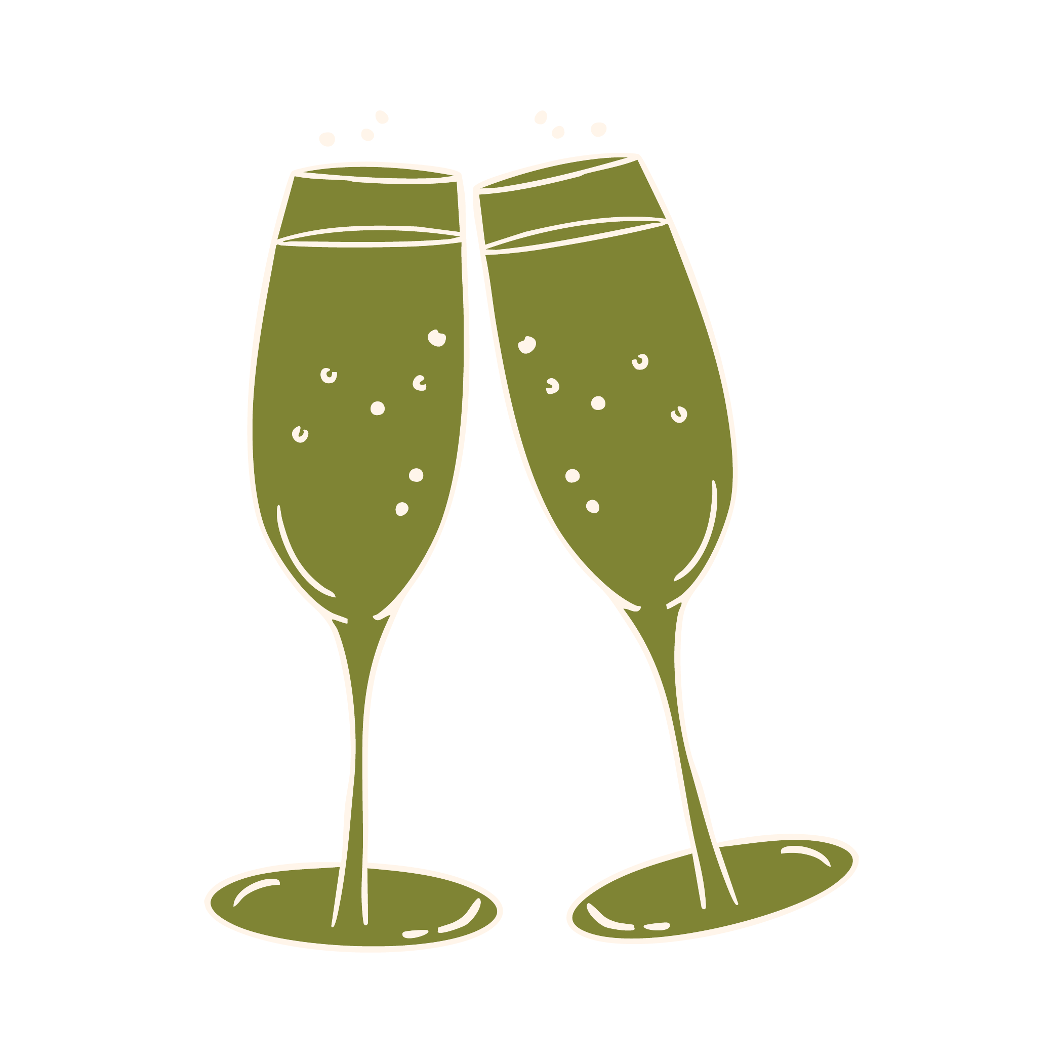 Two clinking glasses of champagne or sparkling wine, green in color with bubbles, set against a black background.
