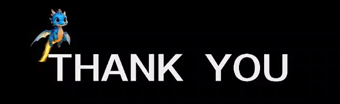 Thank you message with a small cartoon dragon in the top left corner on a black background.