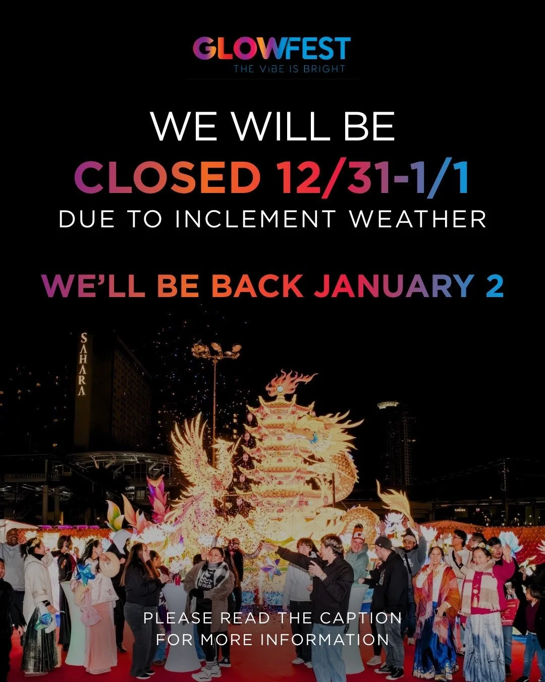 Plot twist: the rain won this round. 🌧️ GlowFest will be closed tomorrow for New Year&rsquo;s Eve, but the cosplay fun isn&rsquo;t cancelled... it&rsquo;s just getting a glow-up!⁠
⁠
📆 Cosplay Night is moving to January 2nd&ndash;4⁠th.⁠
Same costume