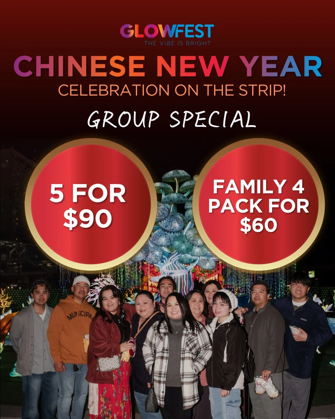 Ring in Chinese New Year the GlowFest way. 🐉✨⁠
⁠
More lights, more flavor, more reasons to come together. Our new group ticket specials make it easy to celebrate with family and friends.⁠
⁠
🎟 5 tickets for $90⁠
🎟 Family Pack (4 tickets) for $60⁠
⁠