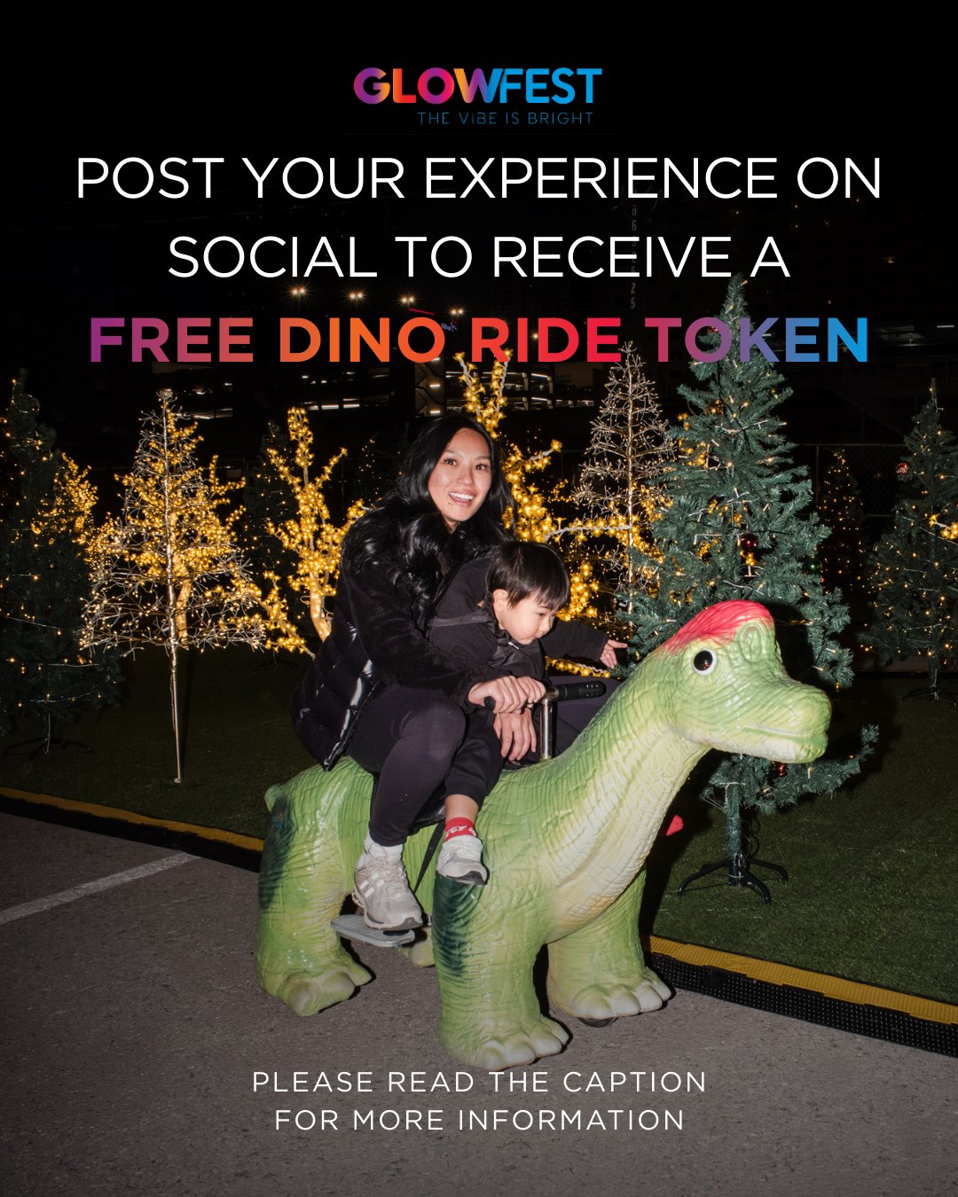 Share your GlowFest magic on social and tag @glowfestlv, then show your post at the Dino Store next to the dinosaur rides in Exotic Lands and score a free dino ride token! 🦖🎉