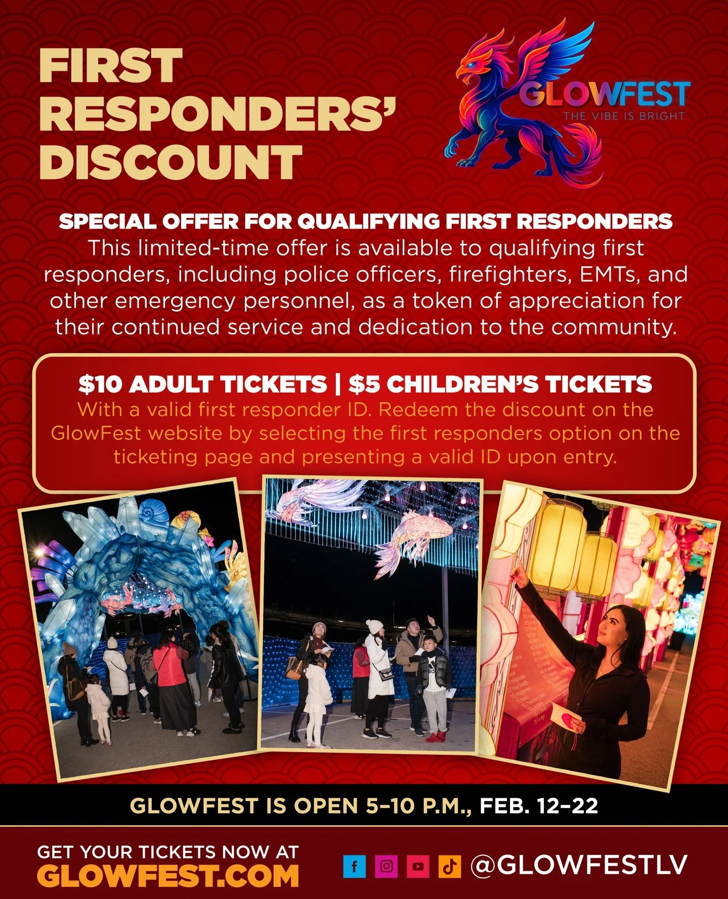 🚨✨ First Responders, this one&rsquo;s for you! Enjoy GlowFest Las Vegas with $10 adult tickets and $5 kids tickets as our thank-you for all you do. 💛 ⁠
⁠
Bring the family and light up your night! 🌟⁠
⁠
Visit glowfest.com and select the first respon