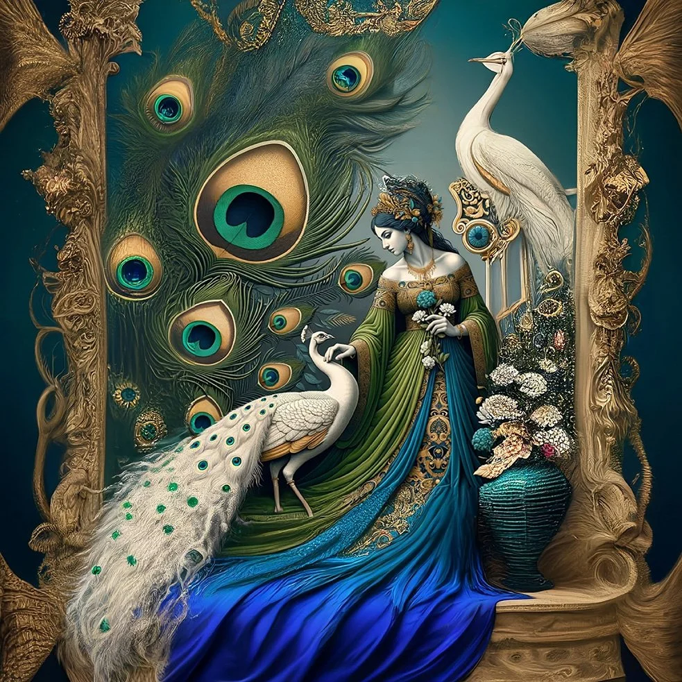 A fantasy scene featuring a woman in regal attire with peacock feathers, accompanied by a white peacock and a tall white bird, surrounded by ornate gold frames and floral elements.