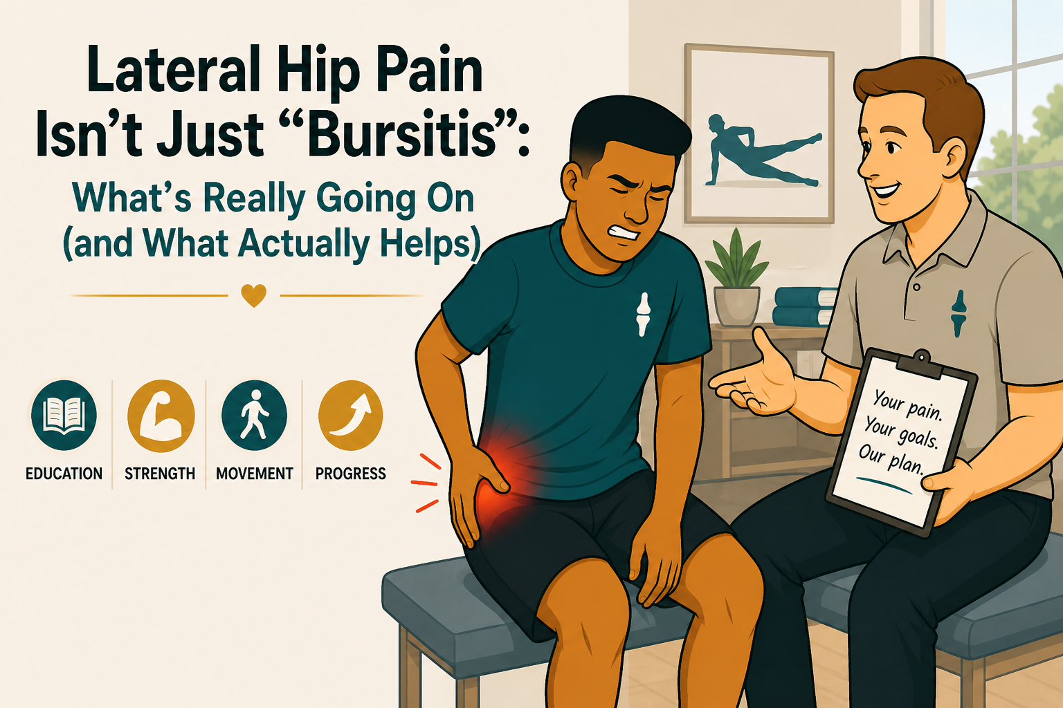 Illustration of a patient experiencing lateral hip pain (greater trochanteric pain syndrome) during a physical therapy consultation, highlighting education, strength, movement, and progressive treatment for outside hip pain.