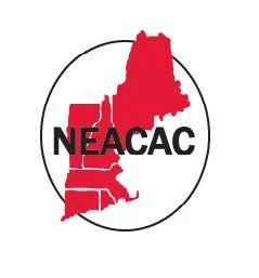 Logo of NEACAC with a map of Connecticut and parts of surrounding states in red.