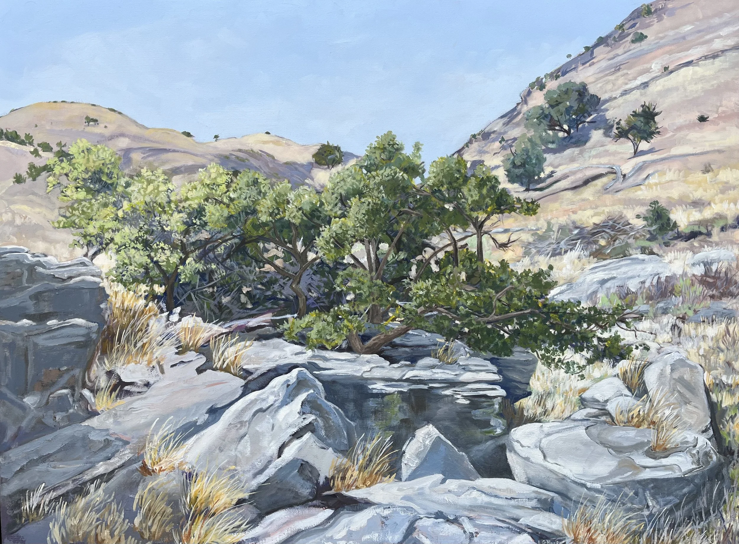 A landscape painting of a mountainous region with dry grass, rocky terrain, sparse trees, and a small body of water.