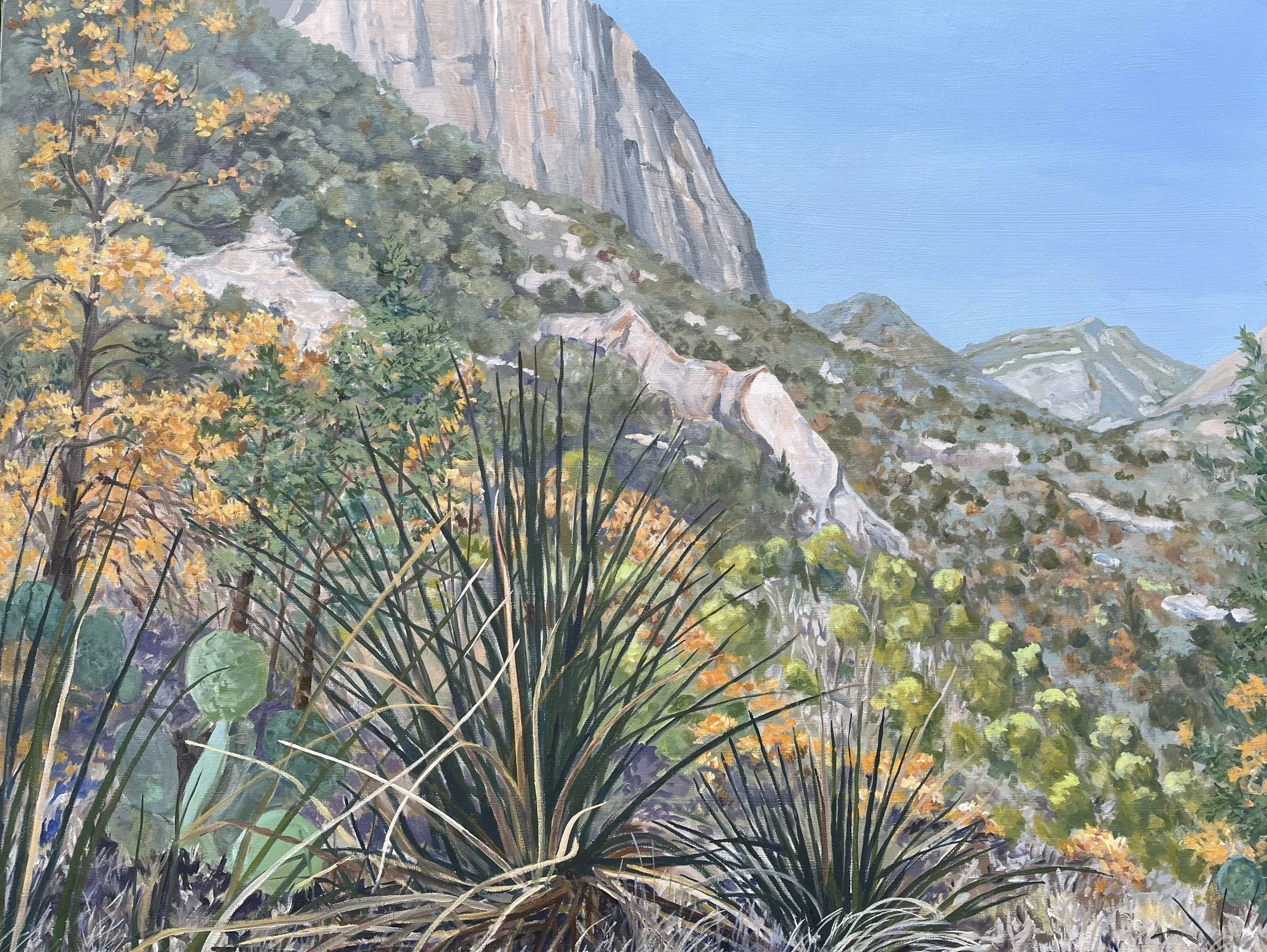 A landscape painting of mountains, trees with autumn leaves, and tall grasses in the foreground, overlooking a valley with rocky terrain.