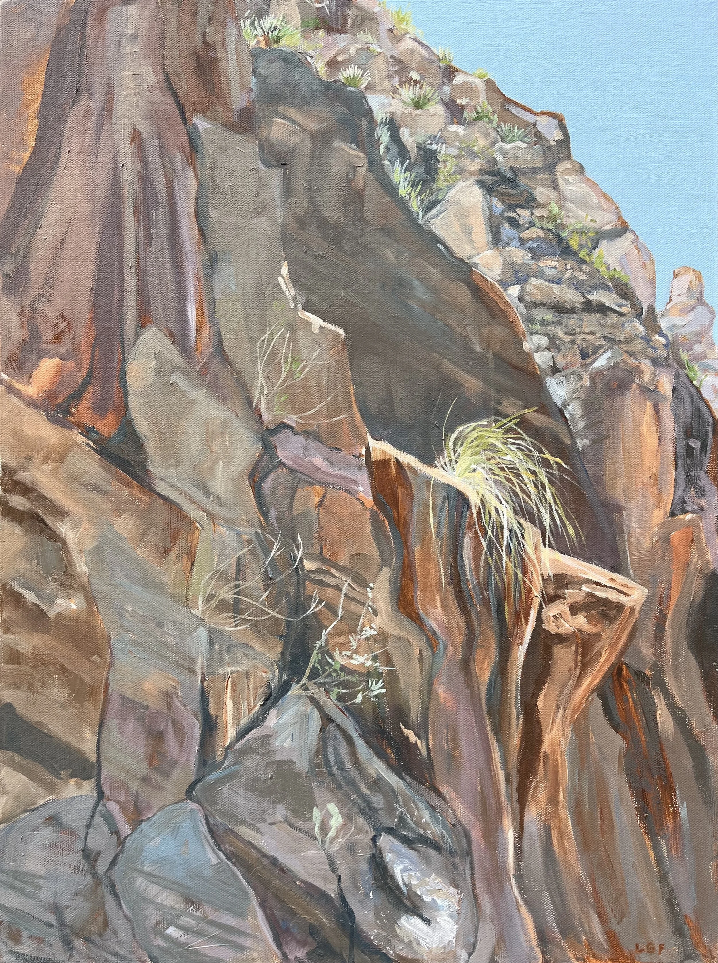 Painting of a mountain landscape with rugged rocks, sparse vegetation, and a blue sky.