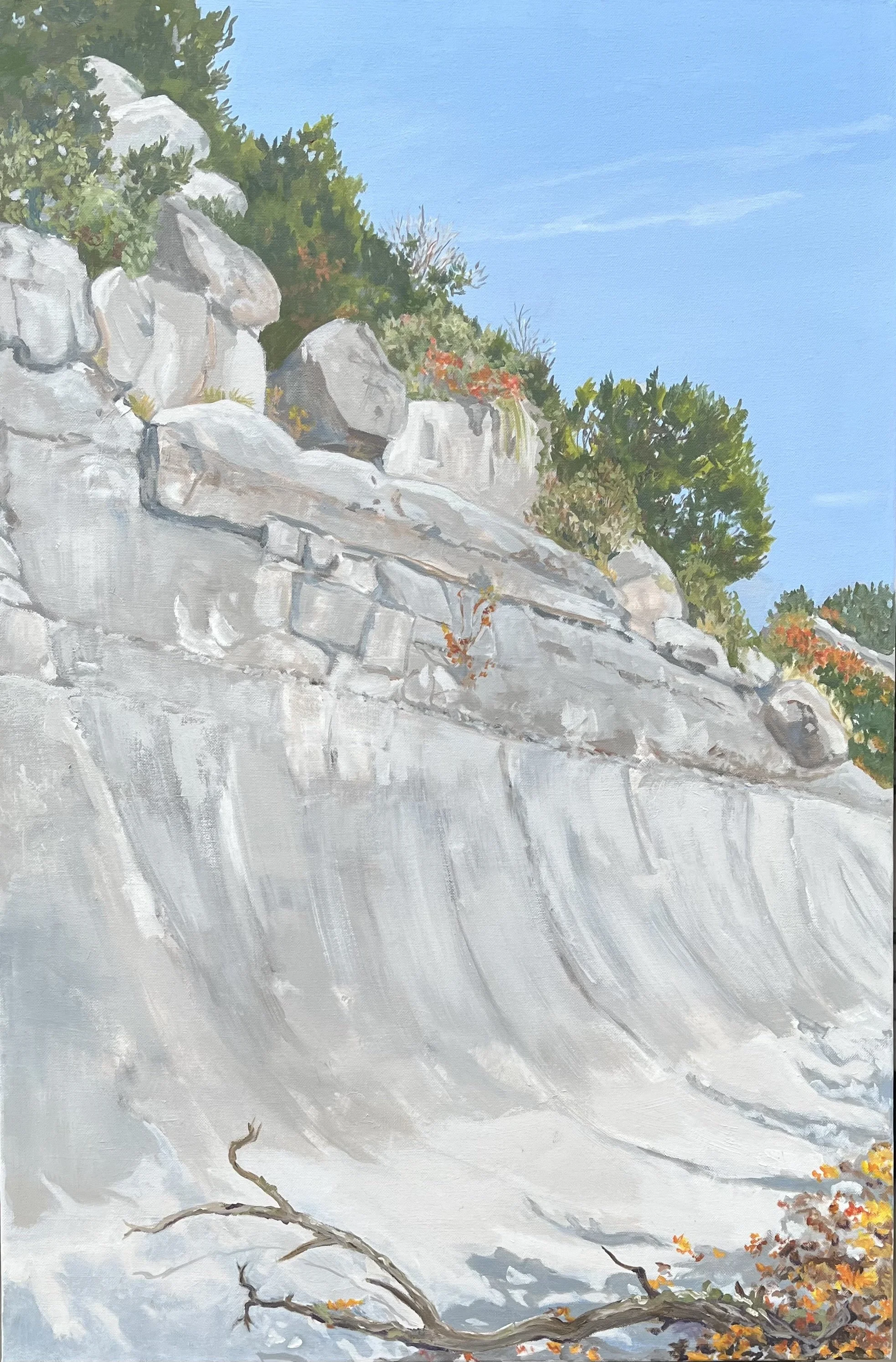 A painting of a dry stone-faced wash under a clear blue sky.