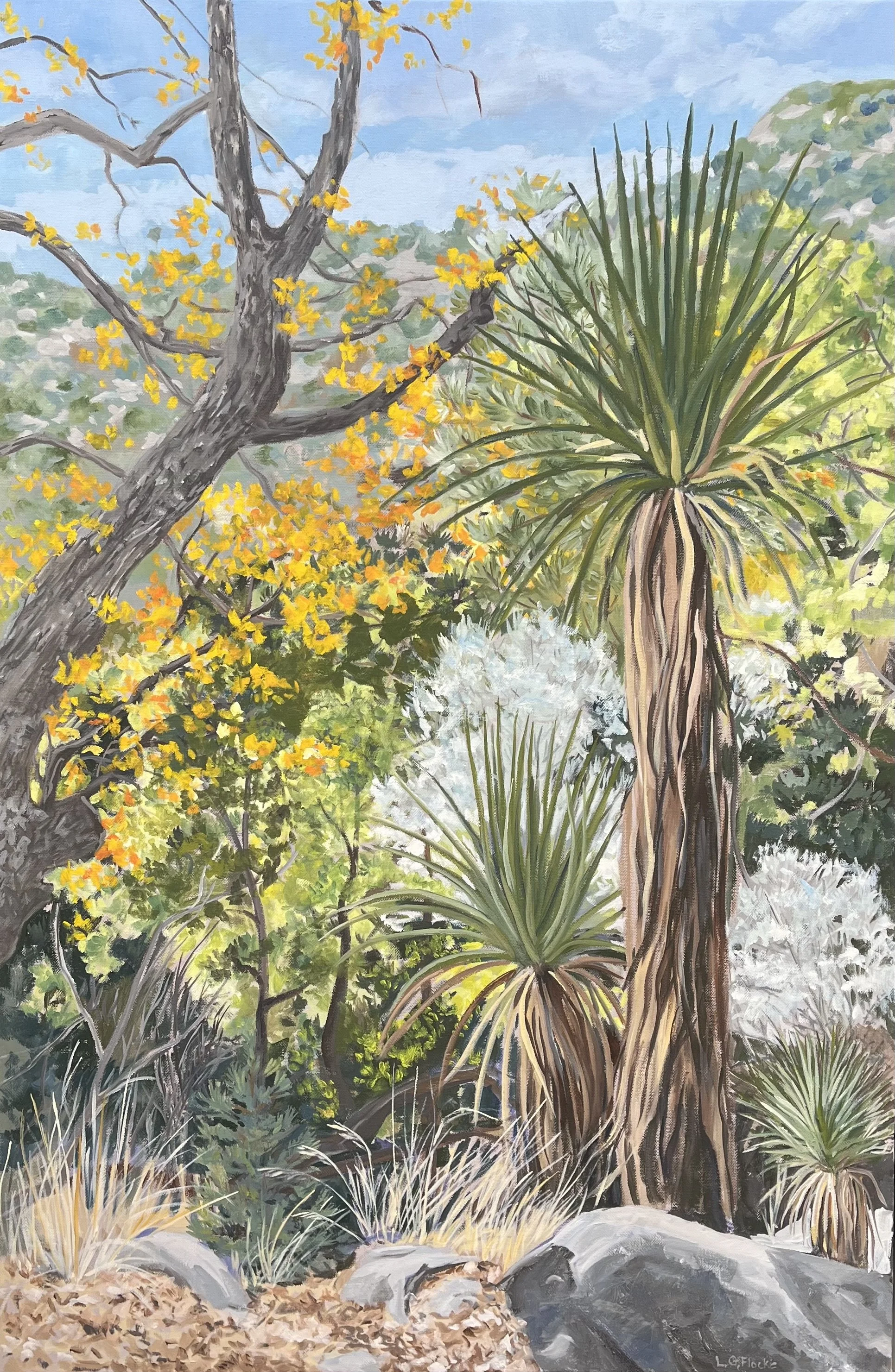 A landscape painting of desert plants, including a large tree with yellow leaves, yucca plants, and rocks, under a pale blue sky.