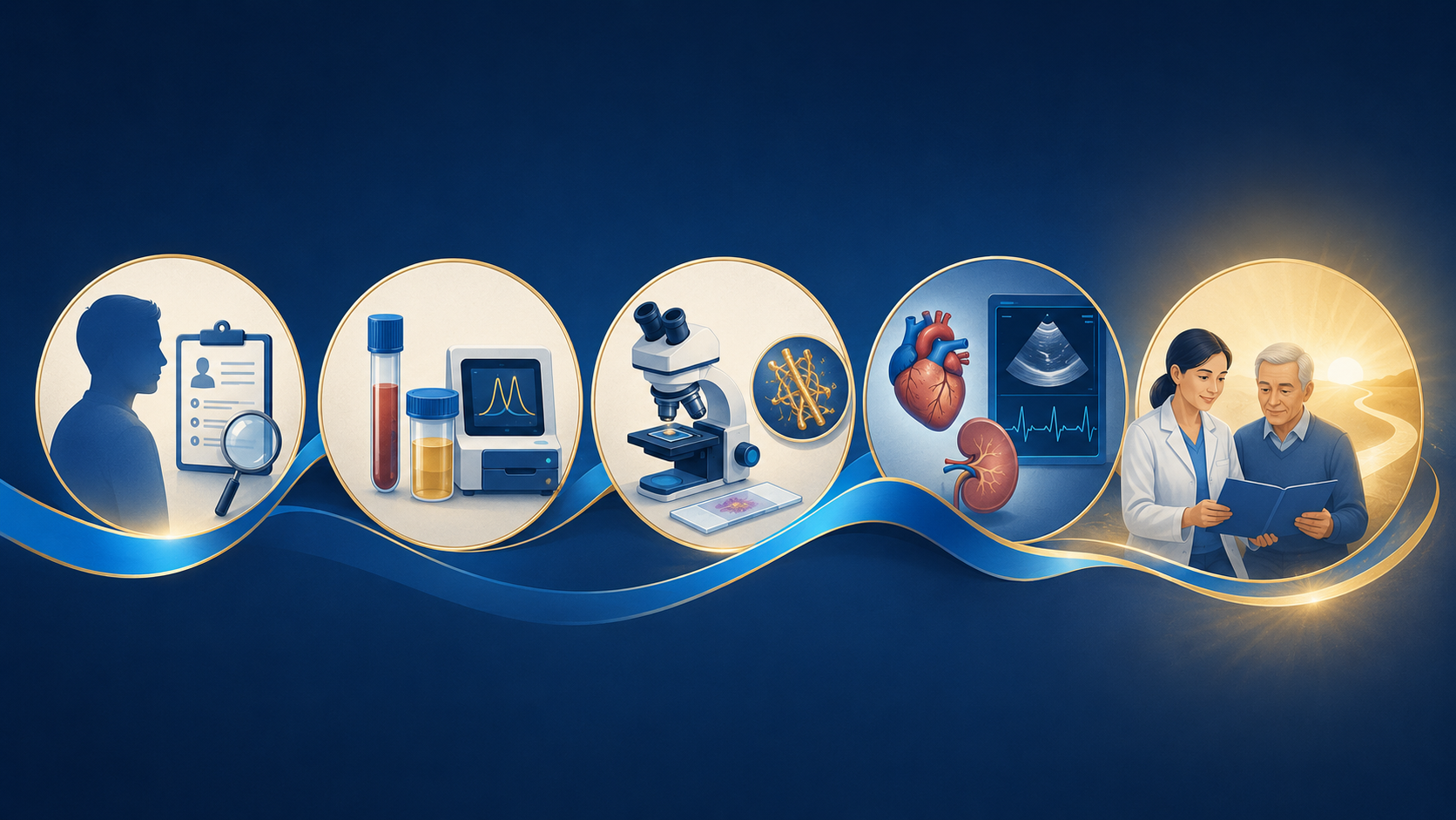 Illustration representing AL amyloidosis diagnosis, testing, organ assessment, and patient care
