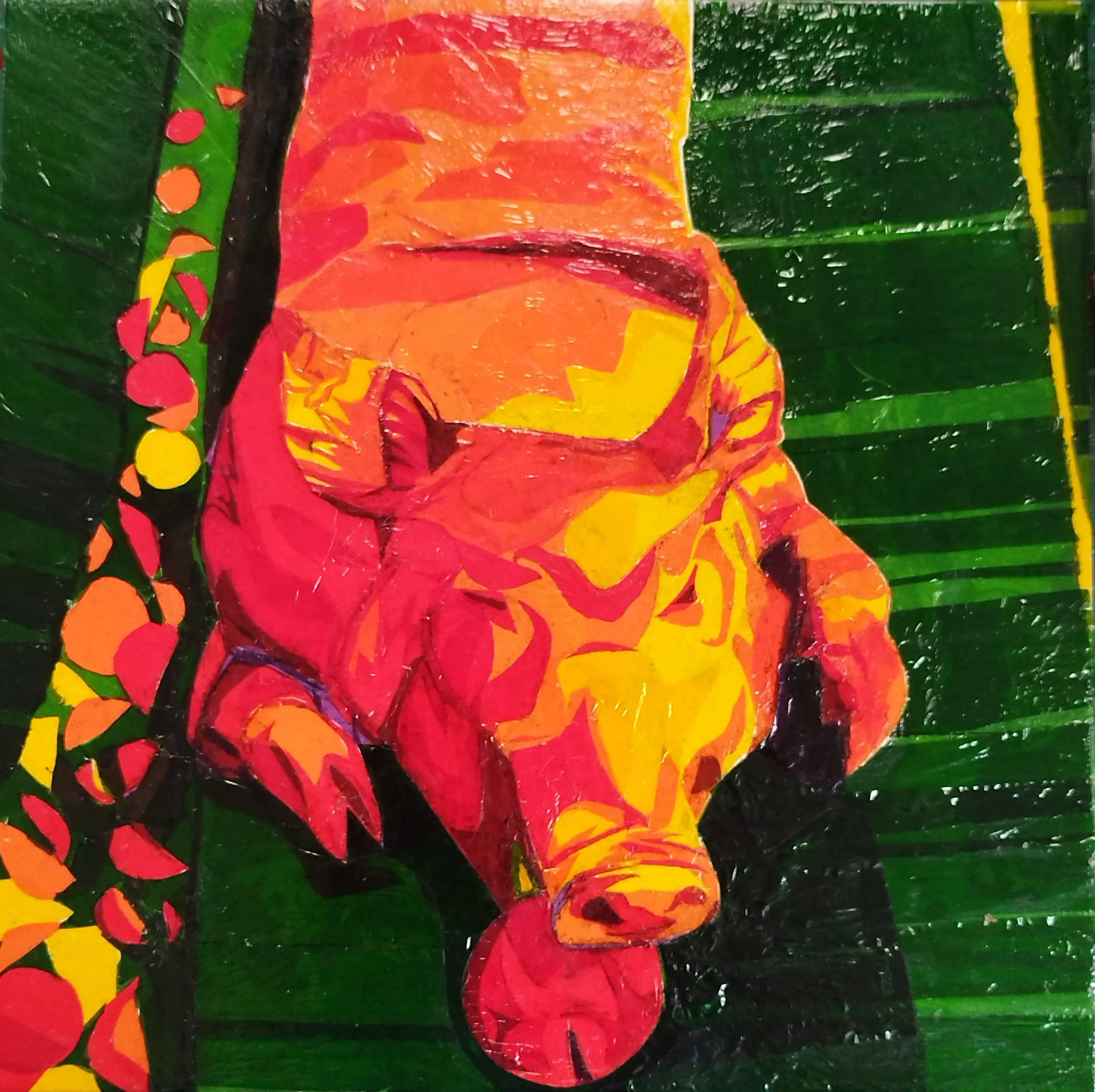 "Lechon",
Layered Cellophane on 12x12" Ceramic Tile,
April 2023,
Alternative Materials Course