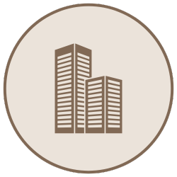 Icon of three beige office buildings with windows, inside a circular beige background