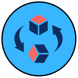 Circular icon with a blue background featuring two 3D cubes and arrows indicating rotation.