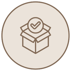 An icon of a box with a checkmark on a circle above it, all inside a circular background.