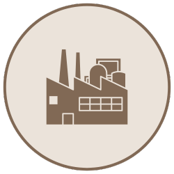 Icon of a factory with smokestacks, pipes, and storage tanks.