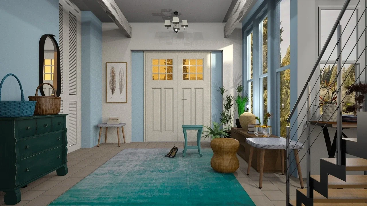 Bright entryway with light blue walls, large windows, beamed ceiling, and a modern chandelier. Decor includes a teal dresser, baskets, plants, artwork, a small table, and a turquoise rug. Stairs are visible on the right.