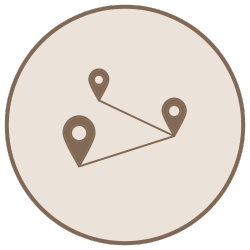Map with three location markers connected by lines on a circular background.