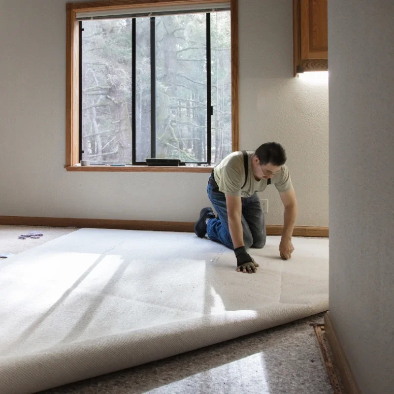 A man kneeling on a white carpet, installing or fixing it in a room with large window and wooden trim.