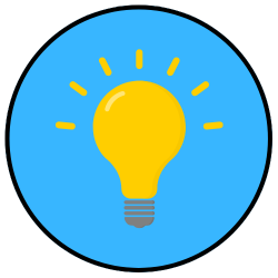Yellow light bulb inside a blue circle with a black outline.
