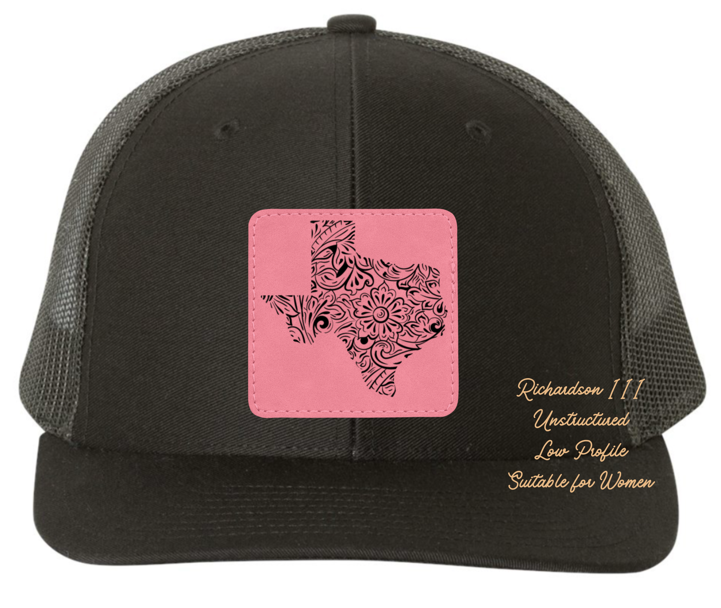 Richardson 111 black hat tooled leather in the shape of Texas