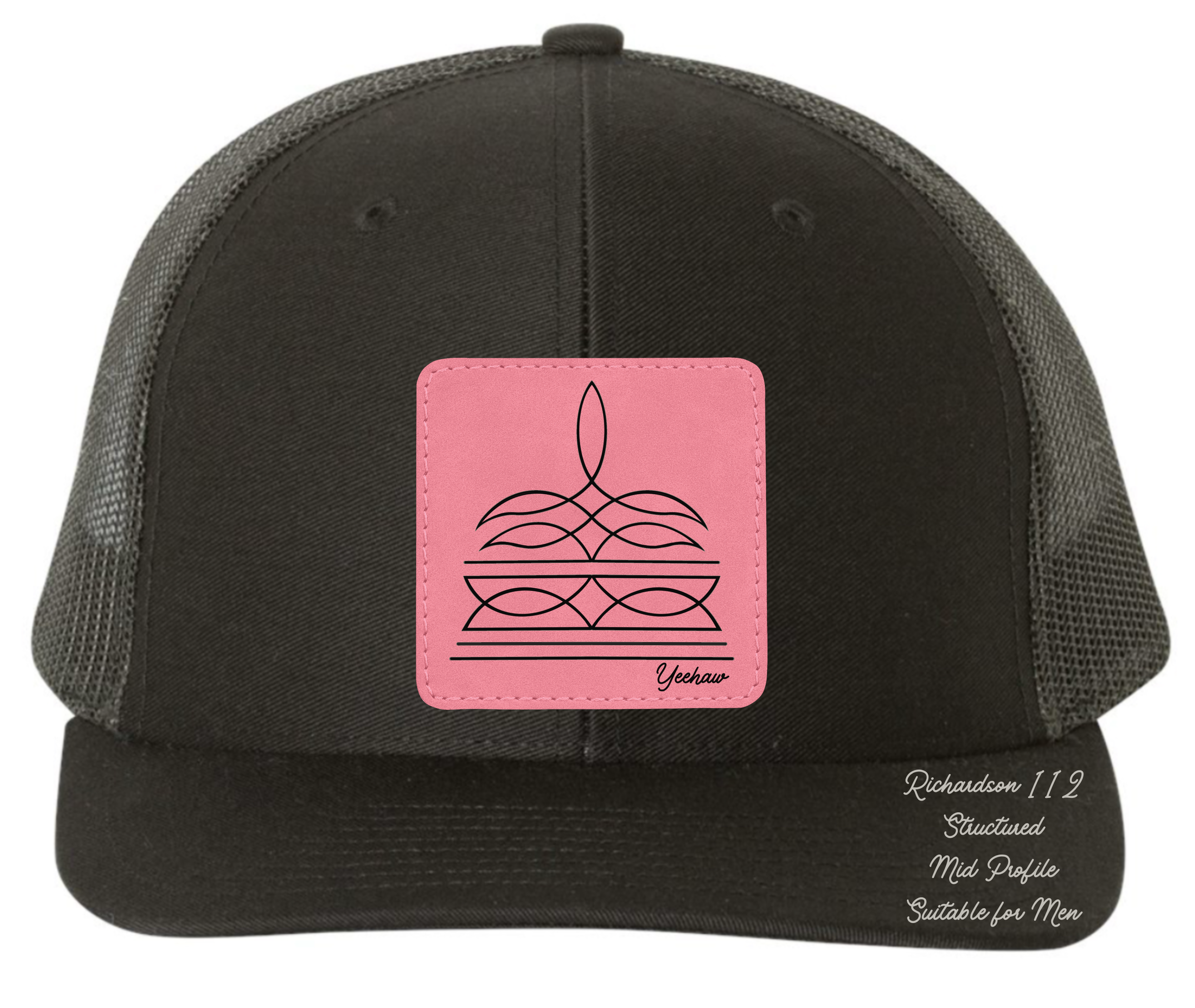 Richardson 112 black hat with boot stitch design customizable