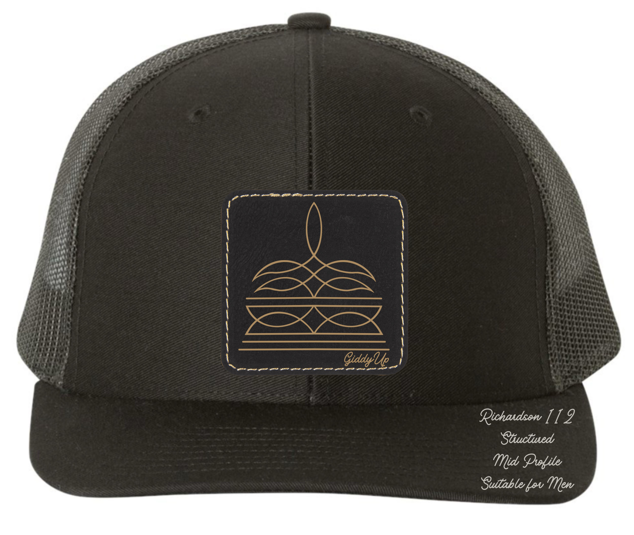 Richardson 112 black hat with boot stitch design customizable