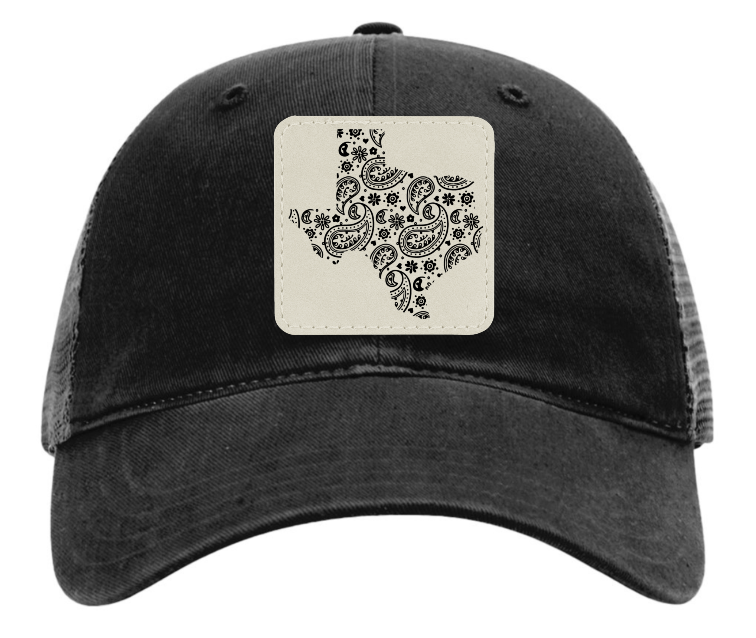 Richardson 111 black hat tooled leather in the shape of Texas