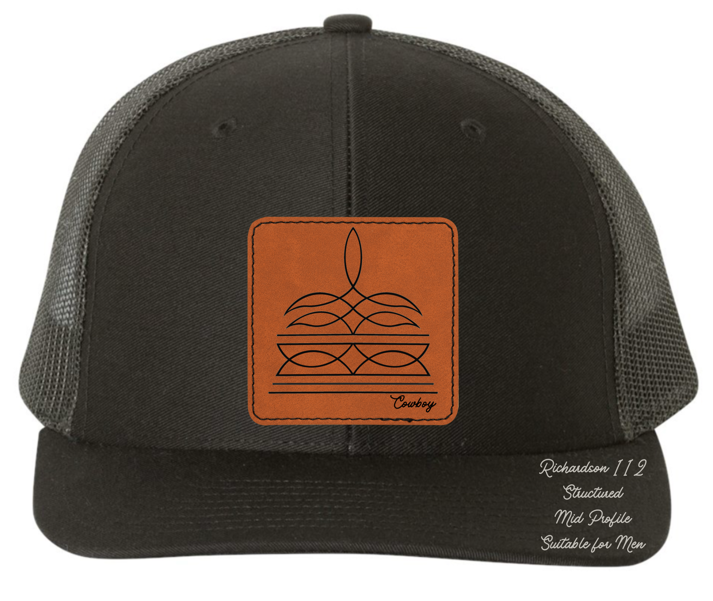 Richardson 112 black hat with boot stitch design customizable