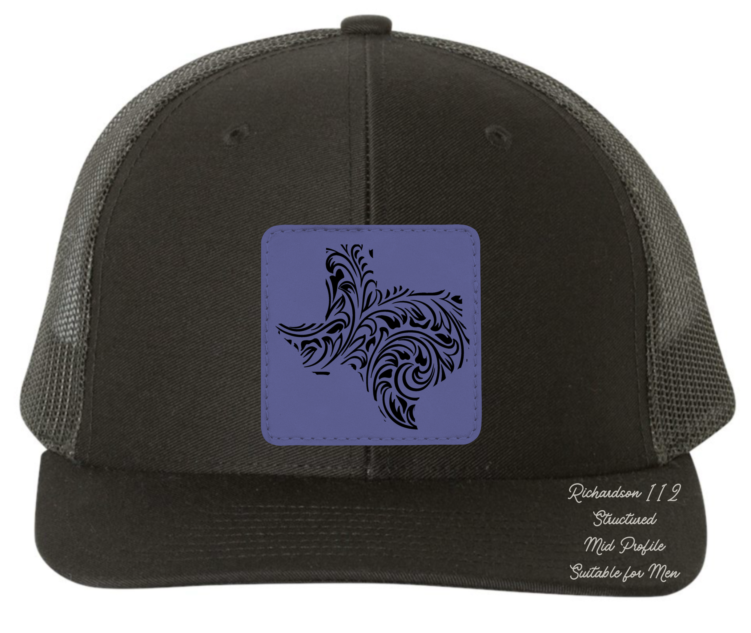 Richardson 112 black hat tooled leather in the shape of Texas