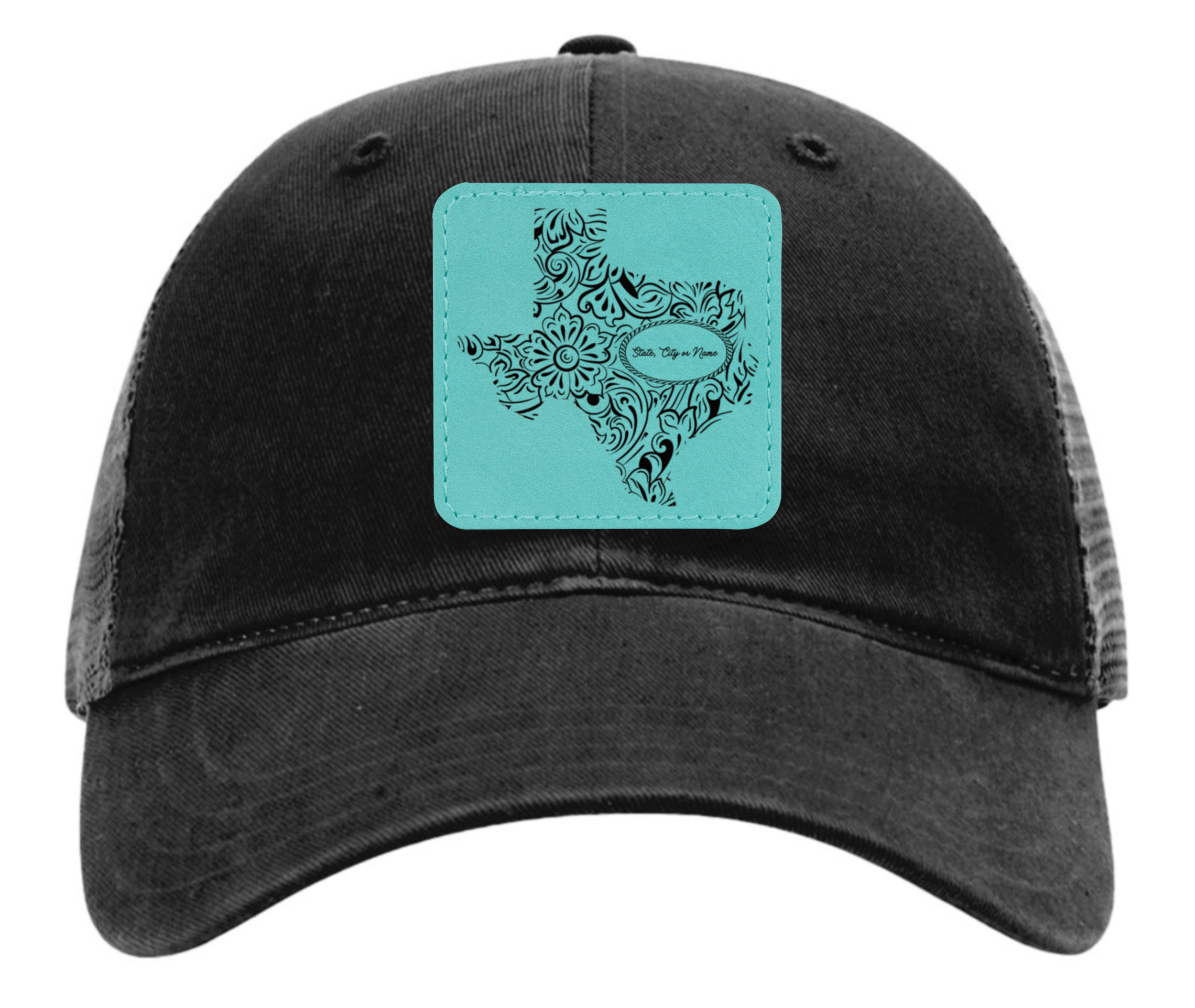 Richardson 111 black hat with original Texas tooled leather design customizable