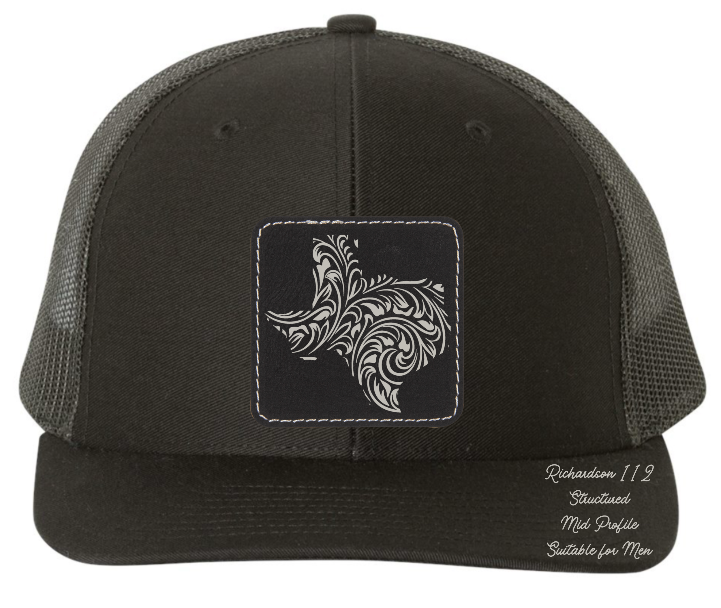 Richardson 112 black hat tooled leather in the shape of Texas