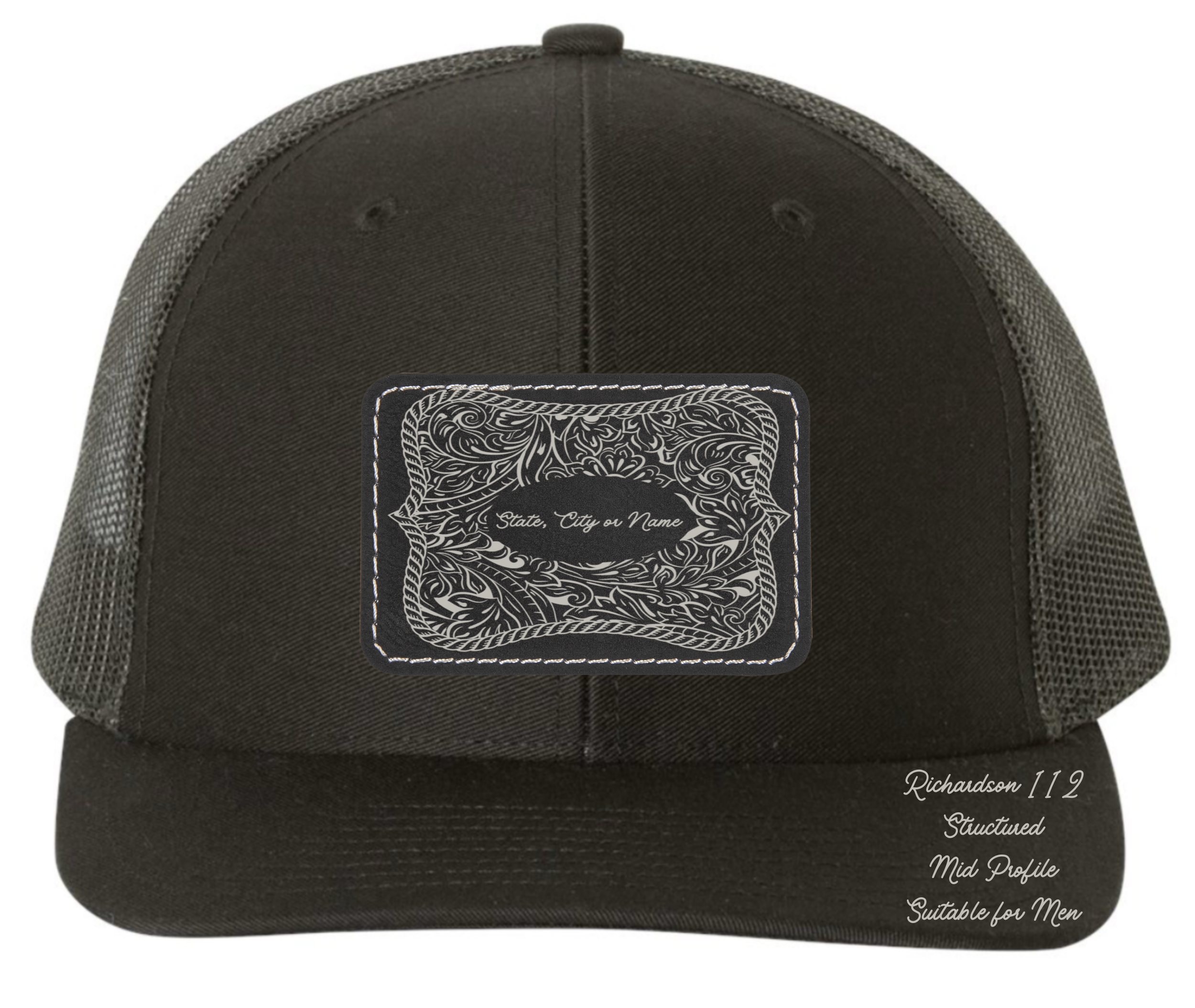 Richardson 112 black hat tooled leather Texas oval rectangle Customizable