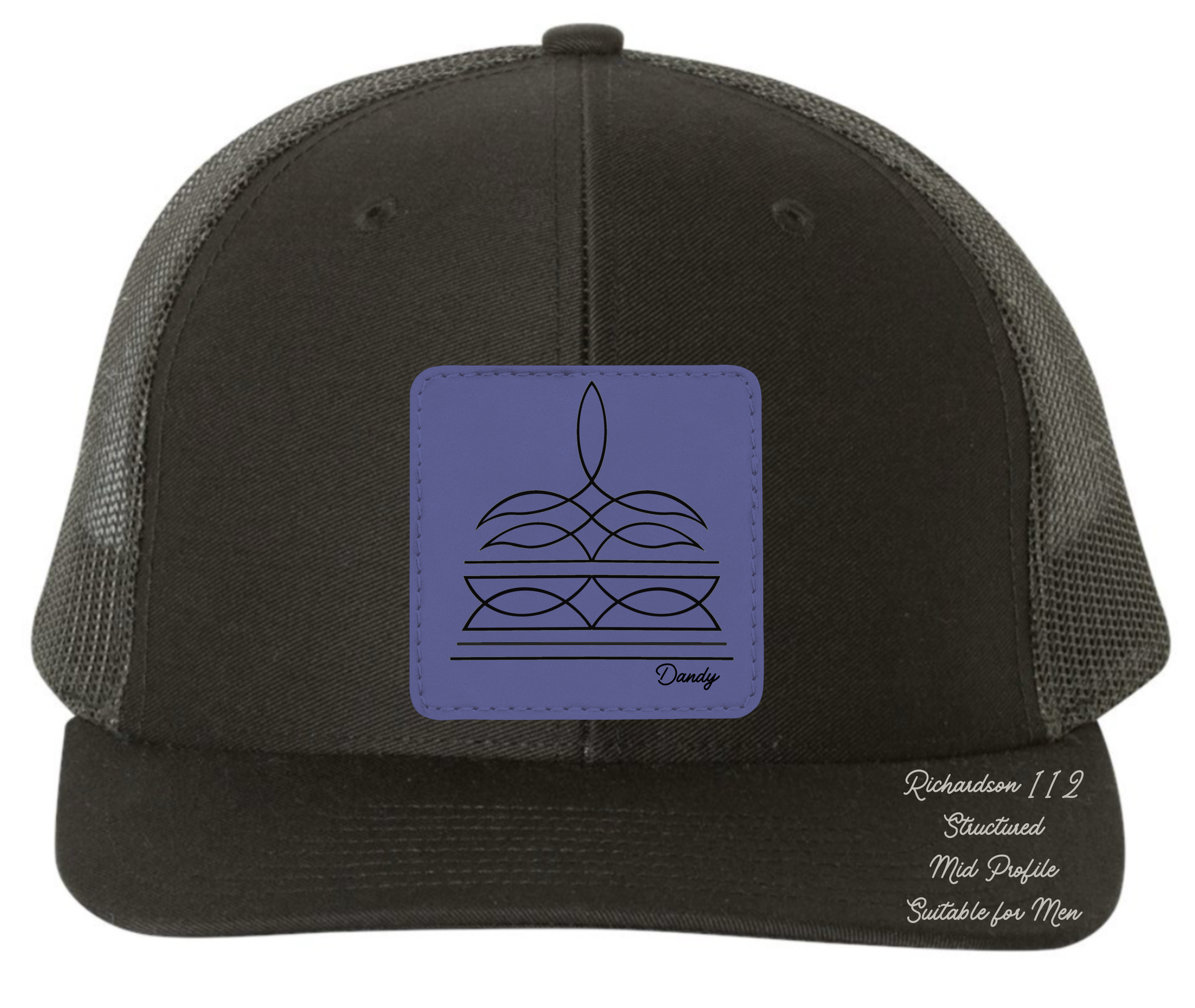 Richardson 112 black hat with boot stitch design customizable