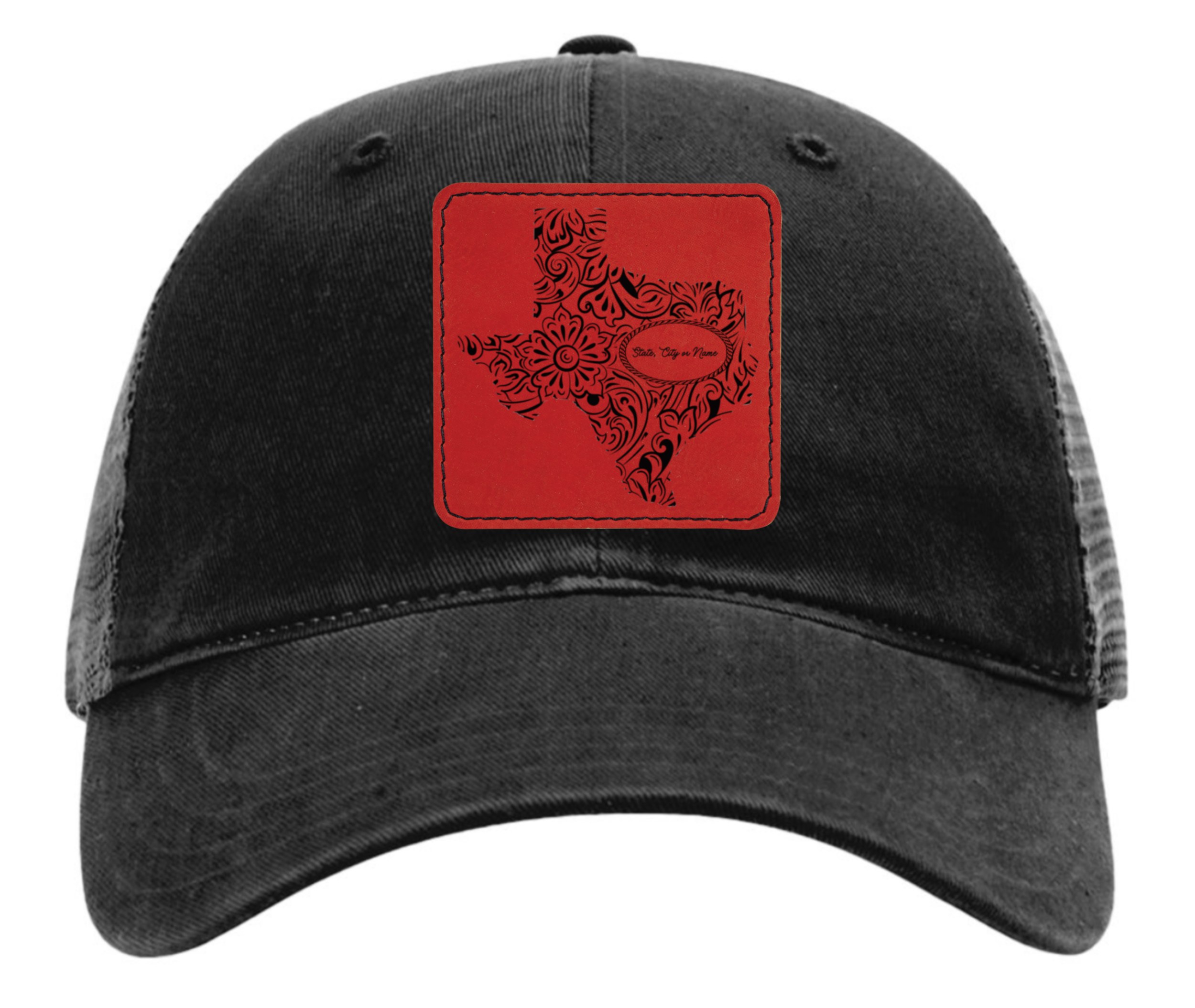 Richardson 111 black hat with original Texas tooled leather design customizable