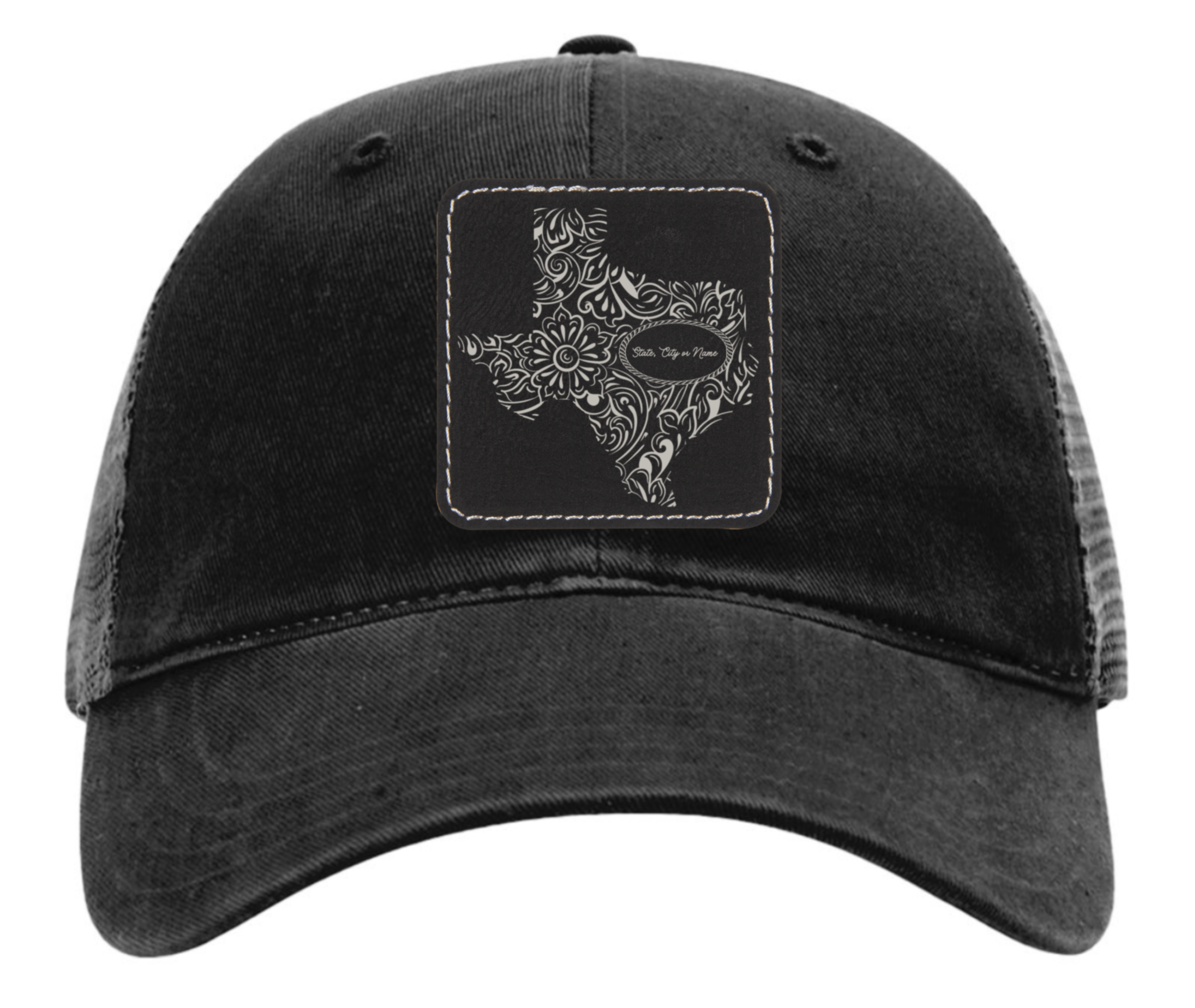Richardson 111 black hat with original Texas tooled leather design customizable