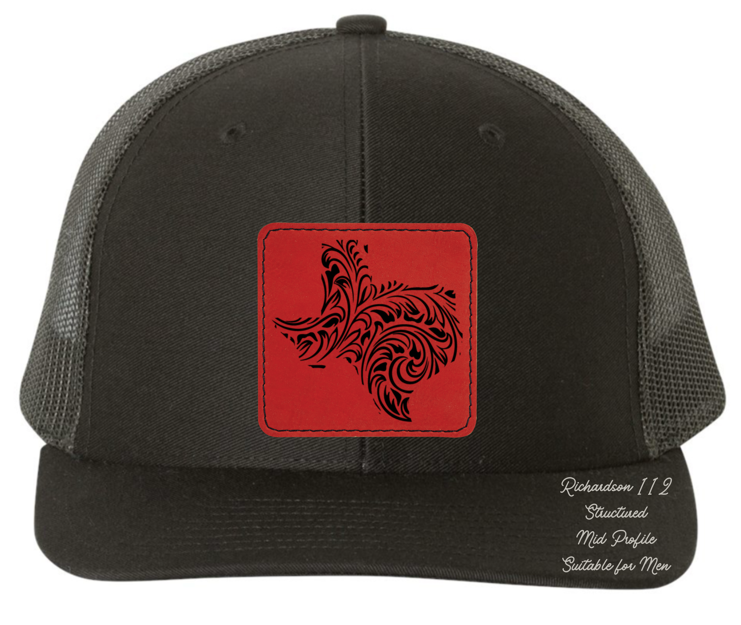 Richardson 112 black hat tooled leather in the shape of Texas