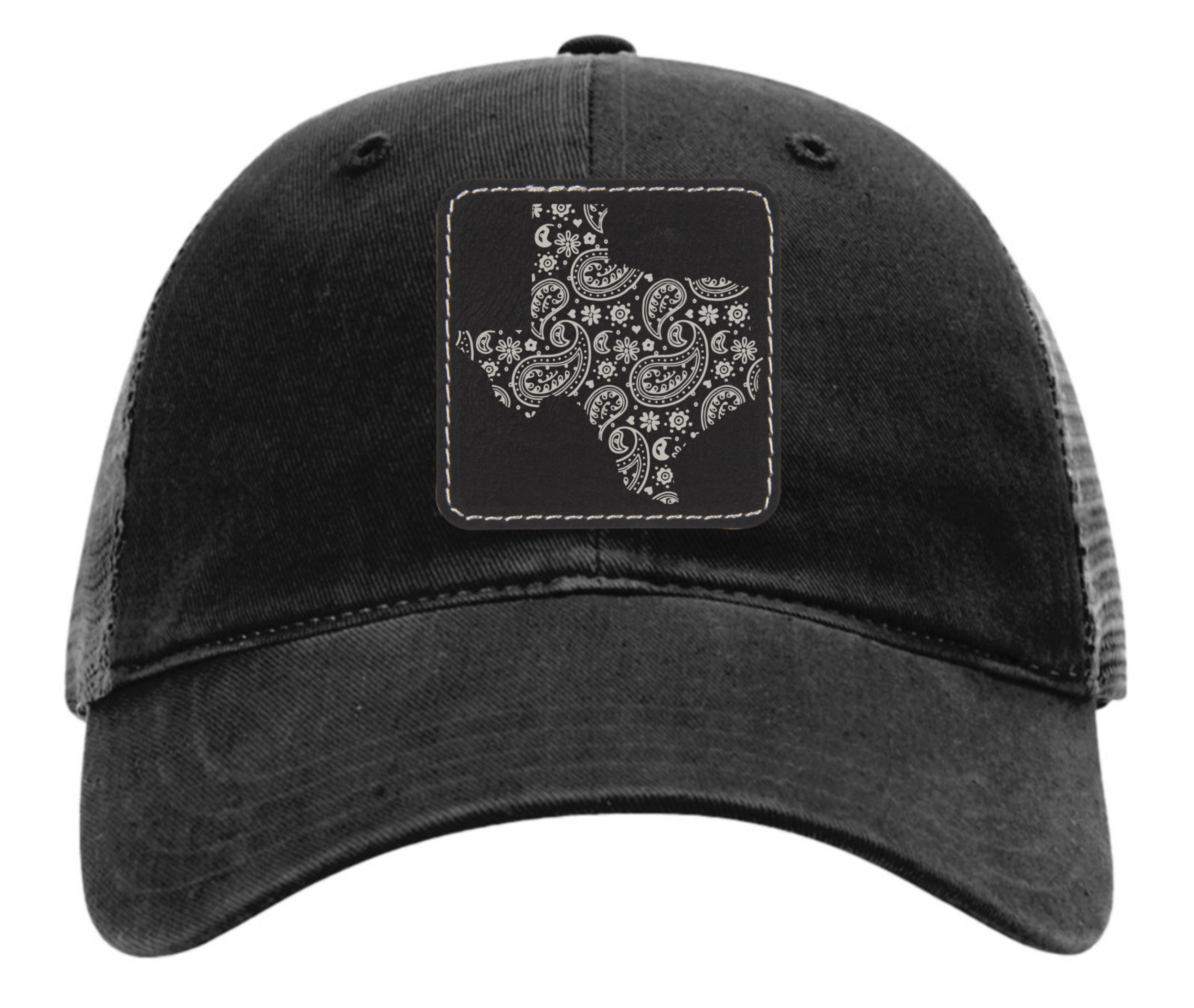 Richardson 111 black hat tooled leather in the shape of Texas