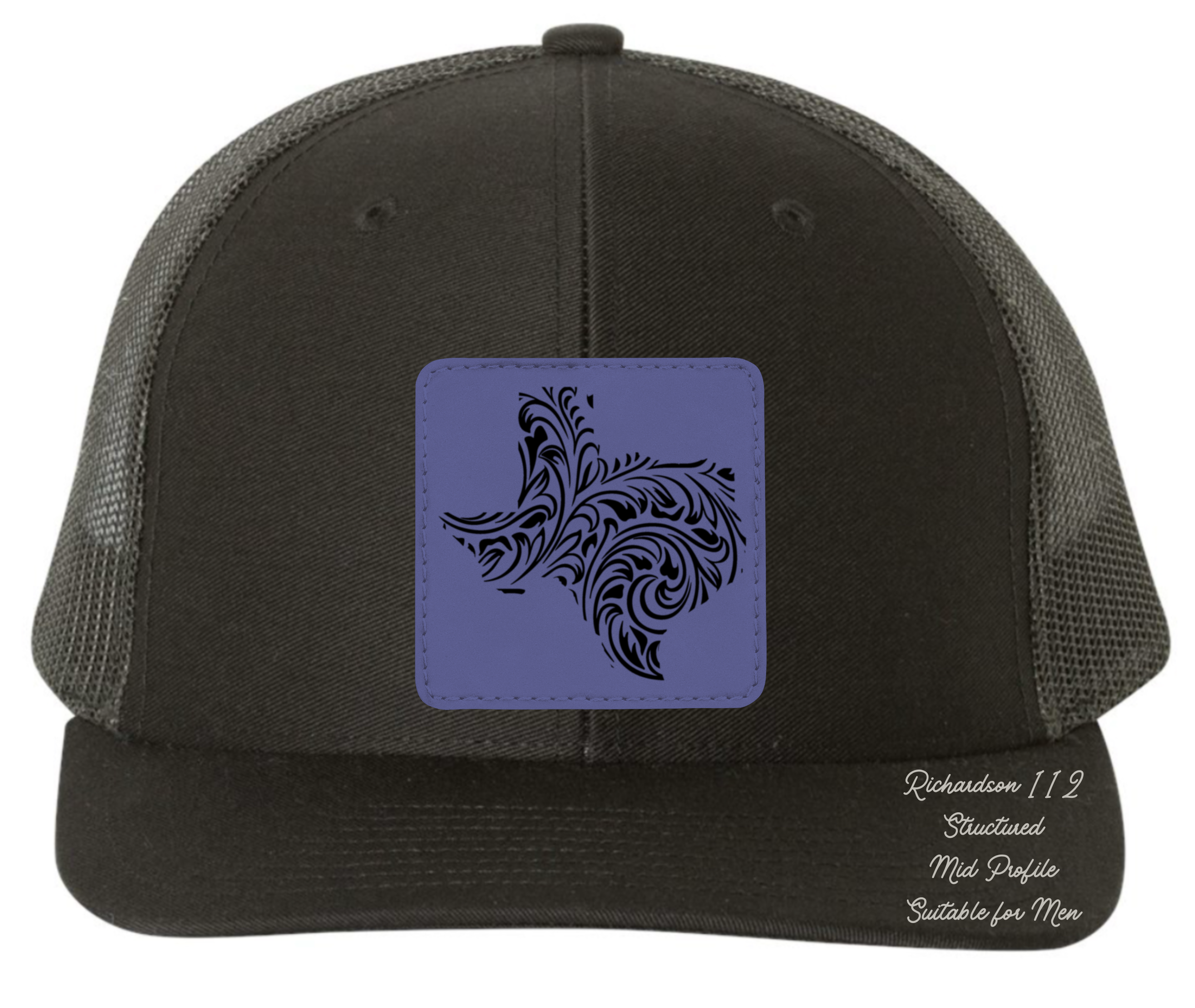Richardson 112 black hat tooled leather in the shape of Texas