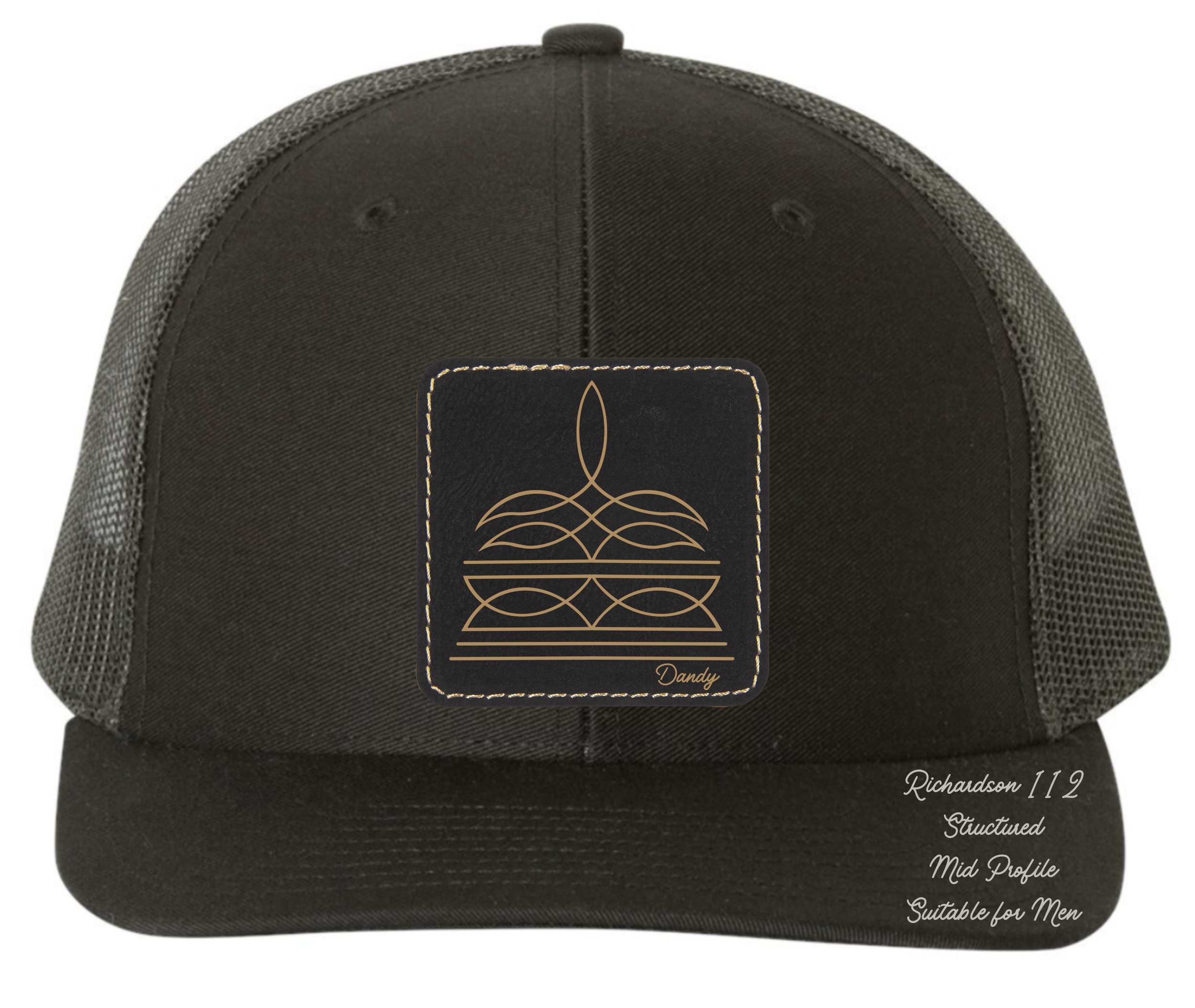 Richardson 112 black hat with boot stitch design customizable