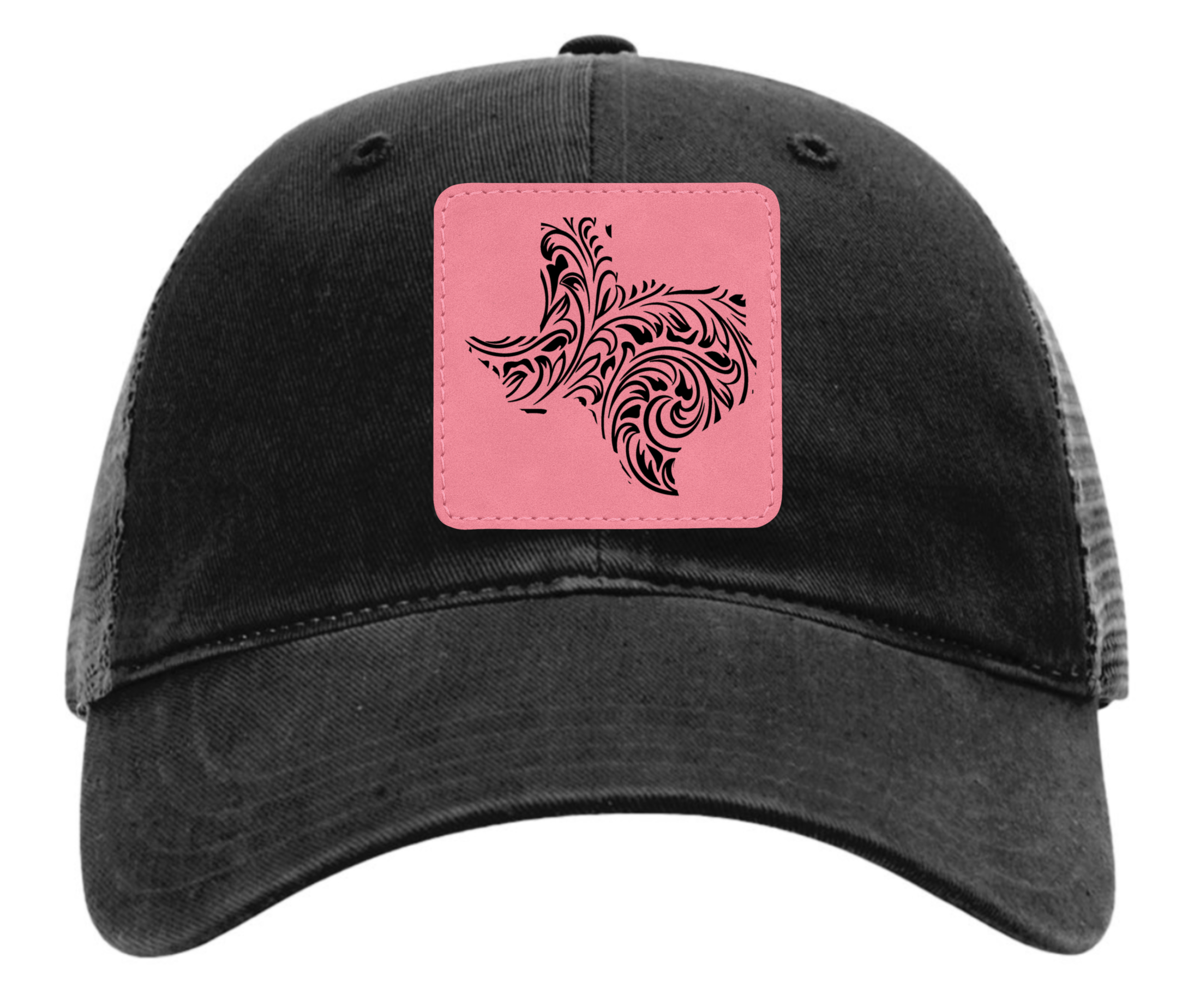 Richardson 111 black hat tooled leather in the shape of Texas