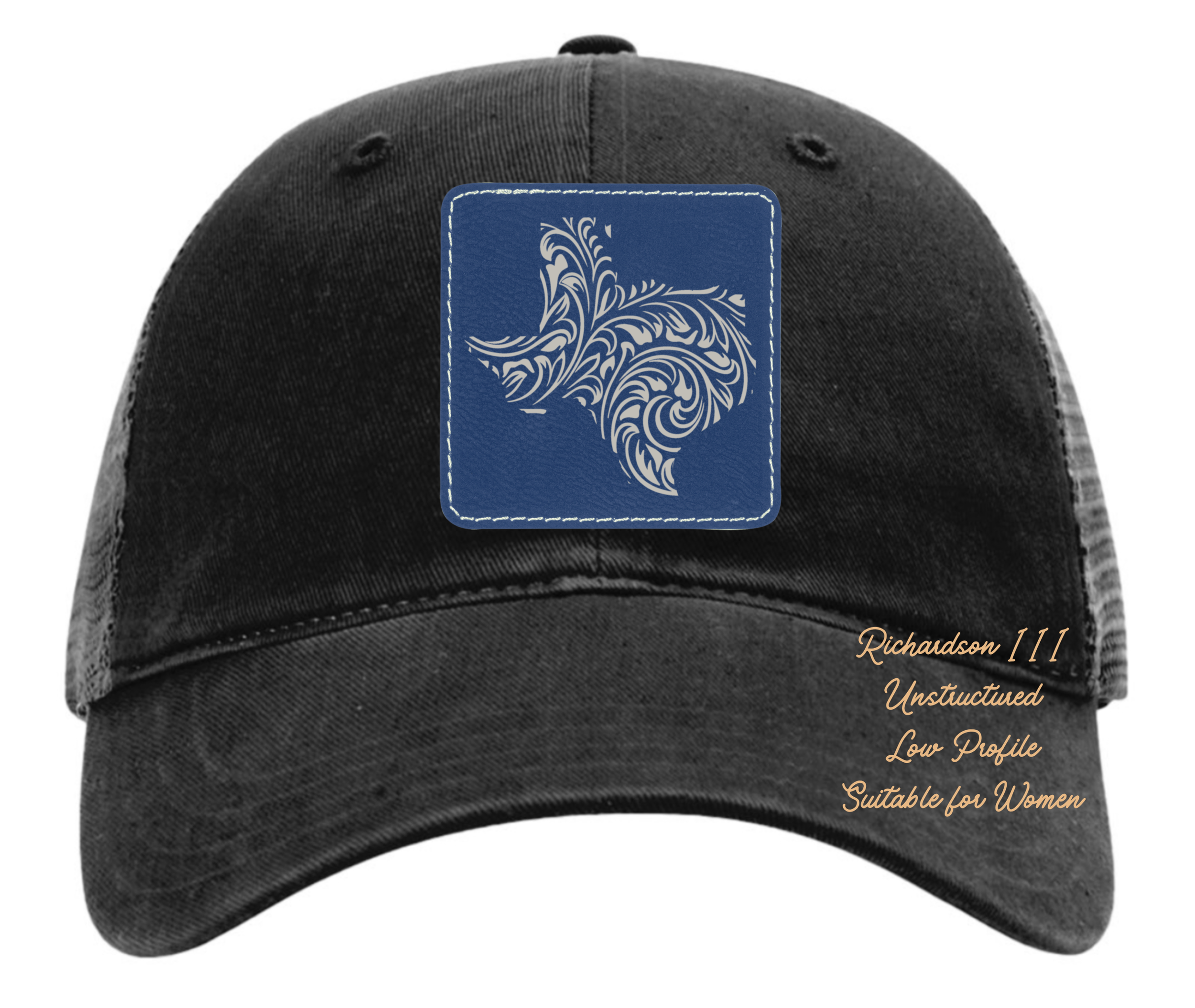 Richardson 111 black hat tooled leather in the shape of Texas